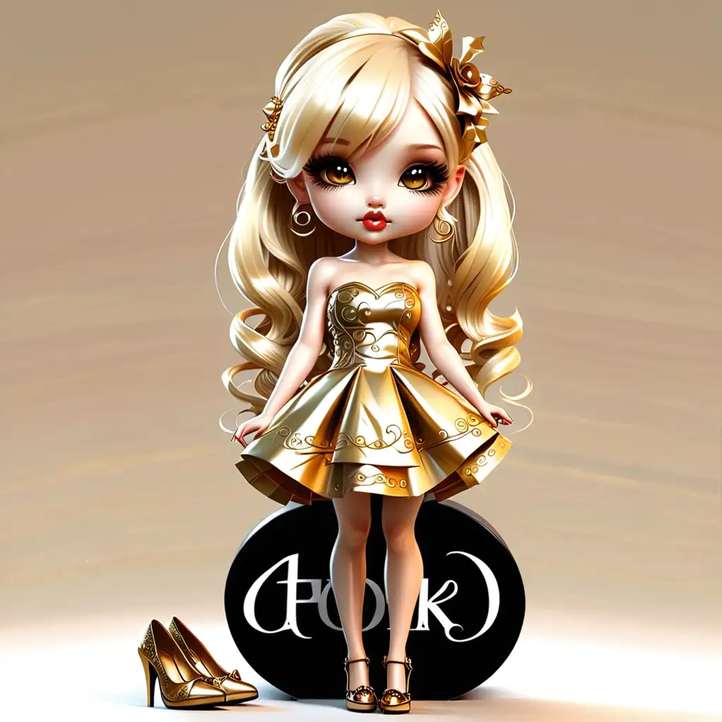 a beautiful trendy style chibi kawaii. 
in a glamorous strapless gold dress.  
Beautiful details factions.  
blond hair. 
Lip gloss. 
Trendy high heels. 
High quality.  
HD.  
No background. 
Thomas Kinkade style, Nadja Baxter Anne Stokes Nancy Noel --ar 4:5 --niji 5