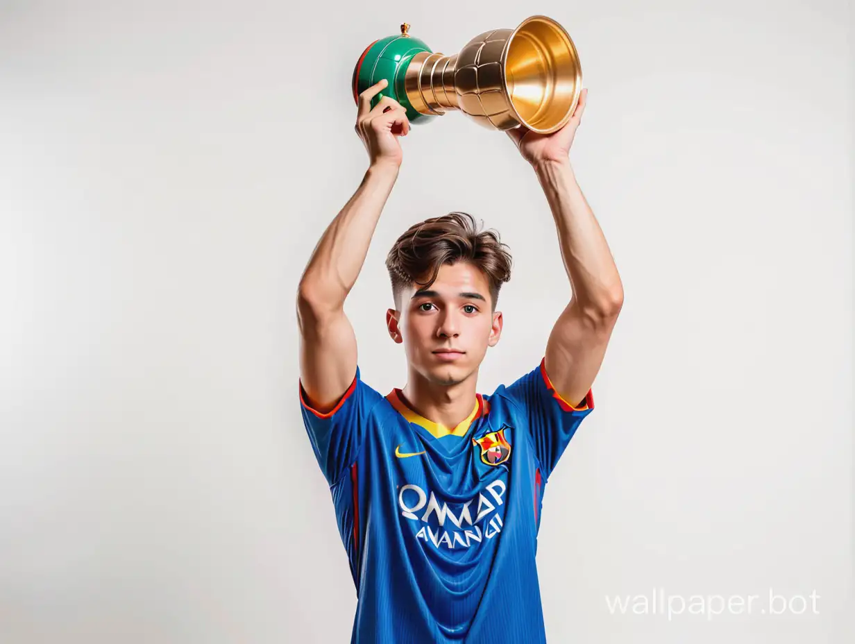 soccer guy 20 years old in barcelona kit holds the cup of spain above his head photo white background 16K white background