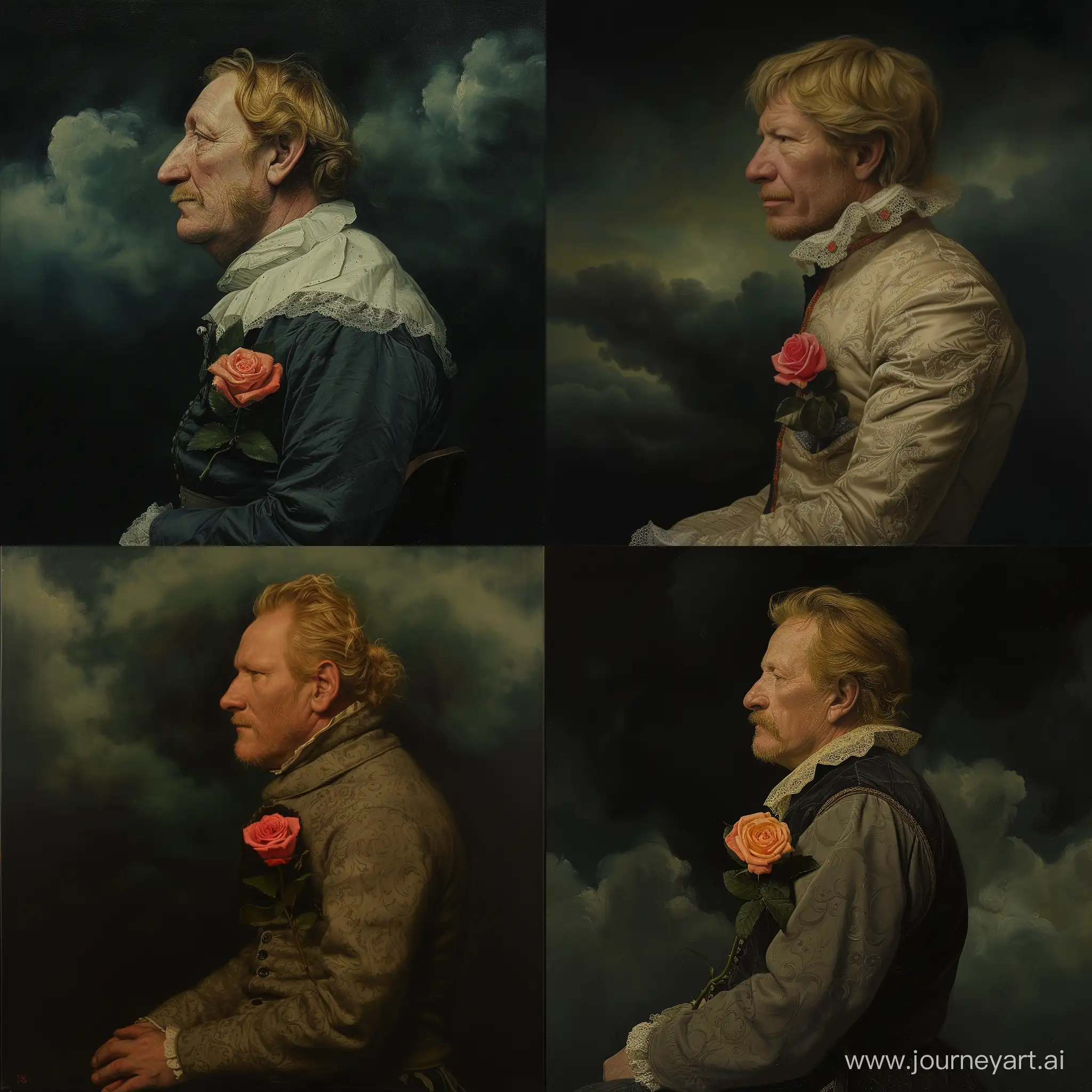 Medieval European portrait painting, Depicting a middle aged man with sideburns and blonde hair, sitting and looking sideway, wearing full collar Victorian attire, having a rose on pocket, dark black greenish cloudy background 