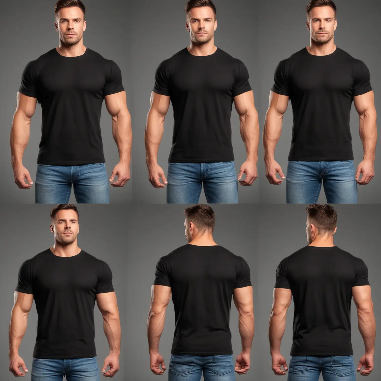 generate images of body builder man wearing black plain tshirt from 4 angles
