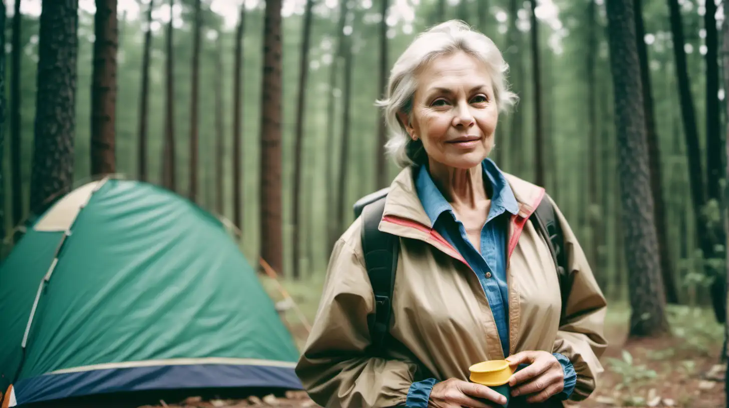 create image beautiful caucasian  lady in camping clothes, about about 50 years old, shot on slr camera using kodak gold 400, with a forest background, make her more mature.
move her to the right side. Make her about 30

