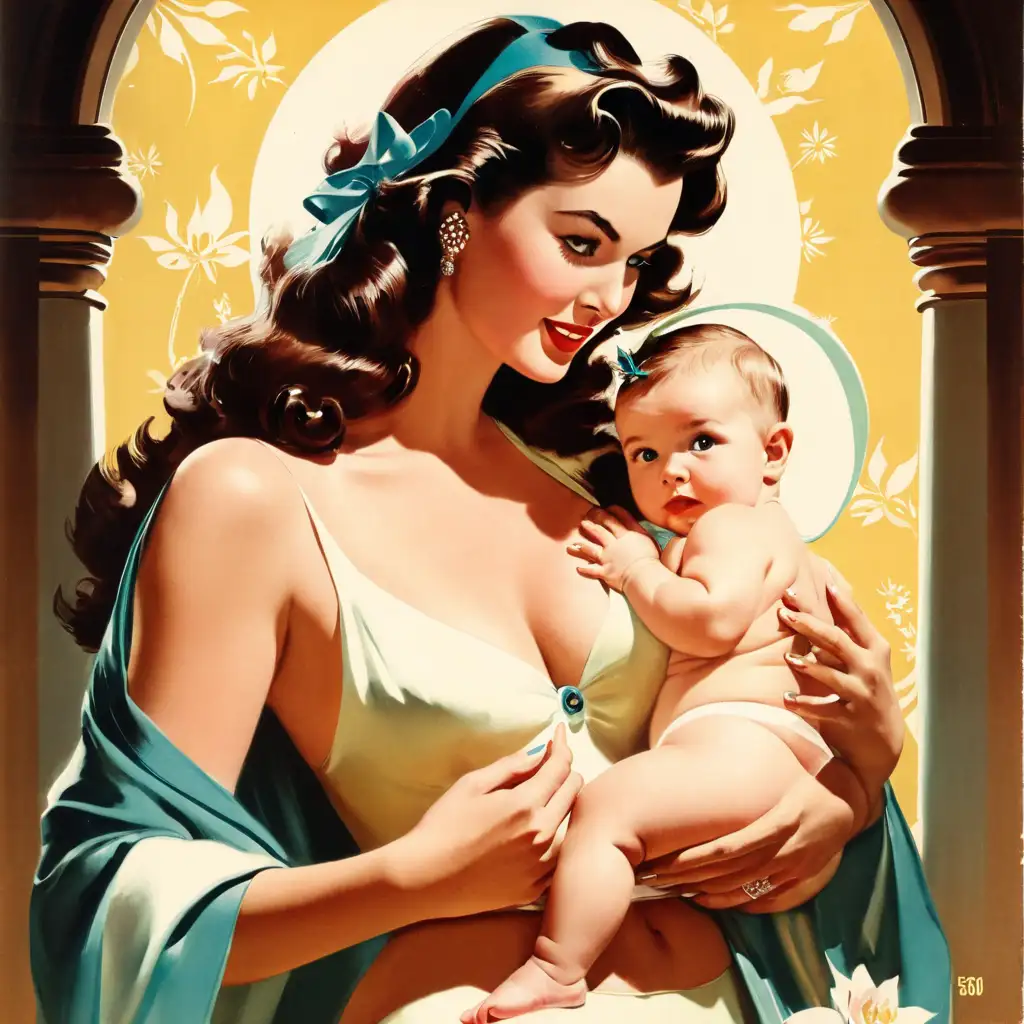 handsome woman and baby on the first page of magazine, 50's editorial color illustration