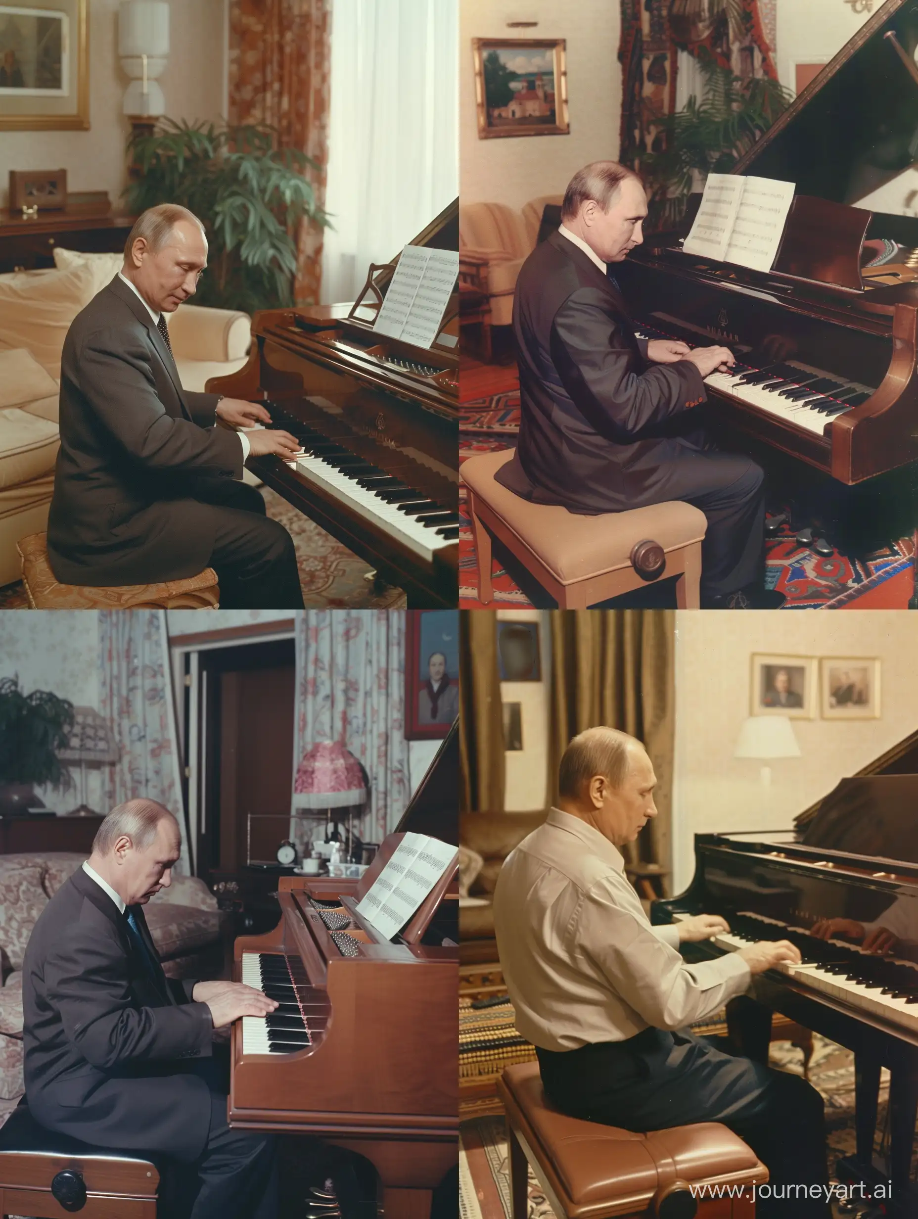 Full Color Candid Photo 1985, Phone photo of vladimir putin playing piano in a living room. He is facing the camera/ viewer. The photo was posted in 2018 on Reddit.
