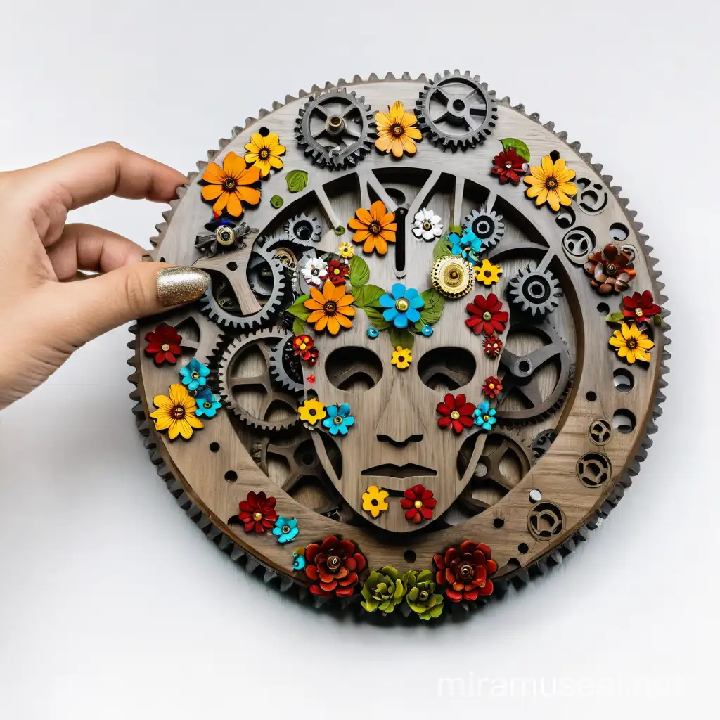  image of human face, change flowers with gears around fbackground stempunk fashion, white wood color, %70 difference