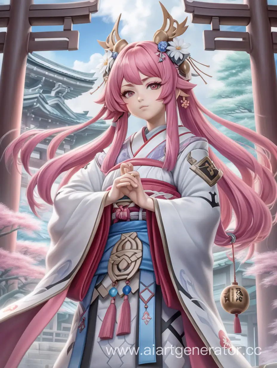 Яэ Мико – верховная жрица Великого храма Наруками, в полный рост, розовые волосы,  геншин импакт, высокая детализация, 4к ,оригинальная хуманизированно, рисунок выполнен карандашом