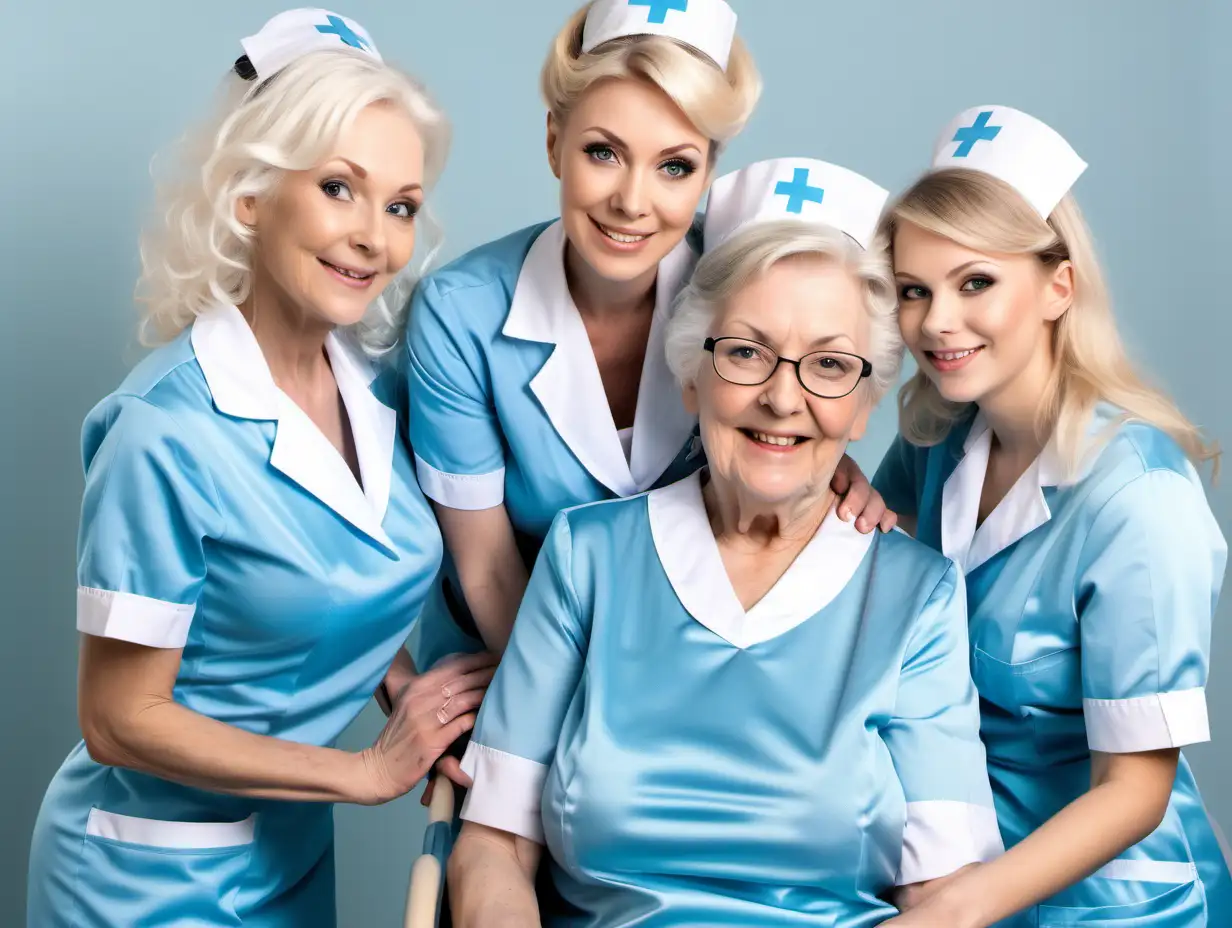 two black and blonde hair elderly mothers and their litle daughters in satin sky blue english nurse uniforms smiled by their mistress