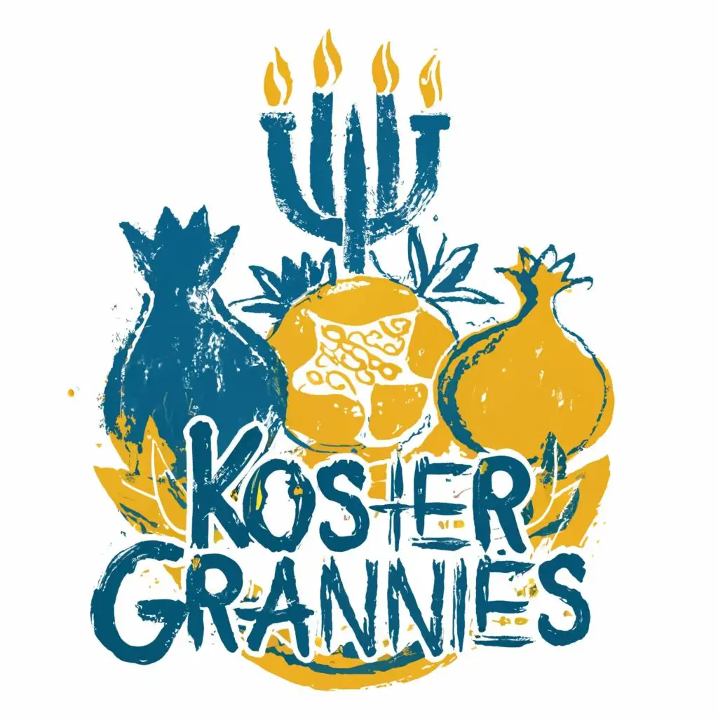logo, Israel, yellow, blue, white, Menorah, Paul Klee, pomegranate, star of David, simple, Jerusalem, with the text "Kosher Grannies", typography, be used in the automotive industry