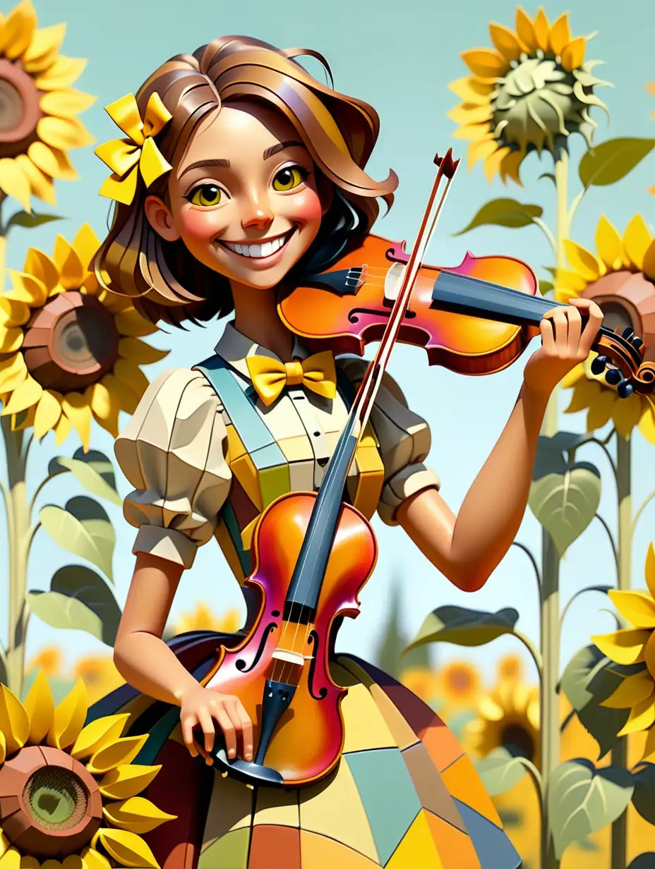 Cubist style colorful Girl playing violin next to sunflowers and smiling with a yellowish bowtie 