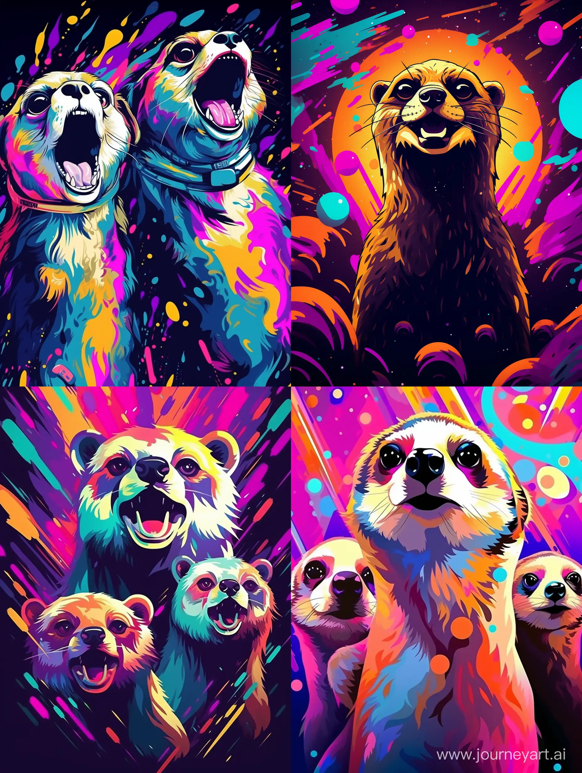 Funky Modern Crazy Expression Meerkats. Full Body Image. Trippy Meerkats with Golden Teeth. Cosmic Radiant Background. Flat Vector Art. High Resolution NTF Crypto Graphic. 