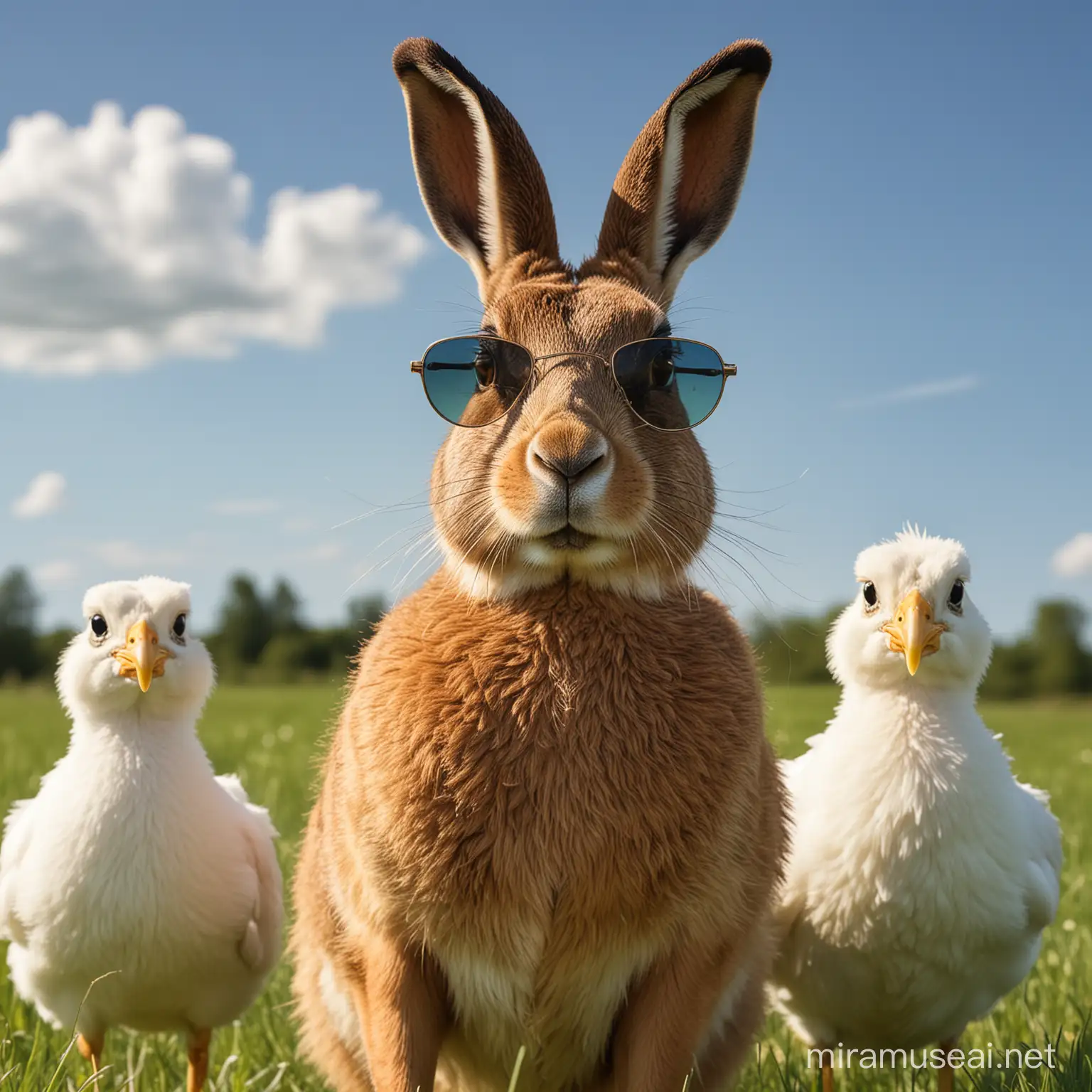 realist image of a complete brown hare wearing sunglasses looking frontal to the camera, at the right side three white Chicken, on a green meadow and a blue summer sky