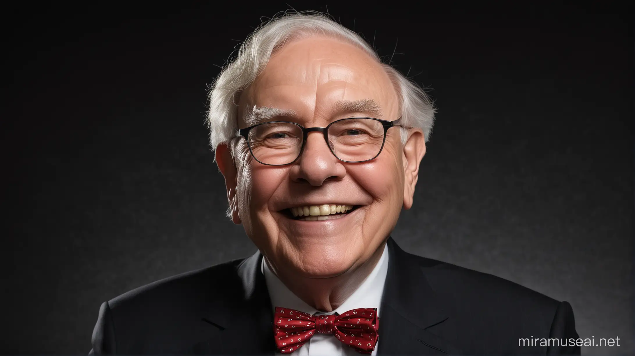 Warren Buffett in Happy  mode with black background
