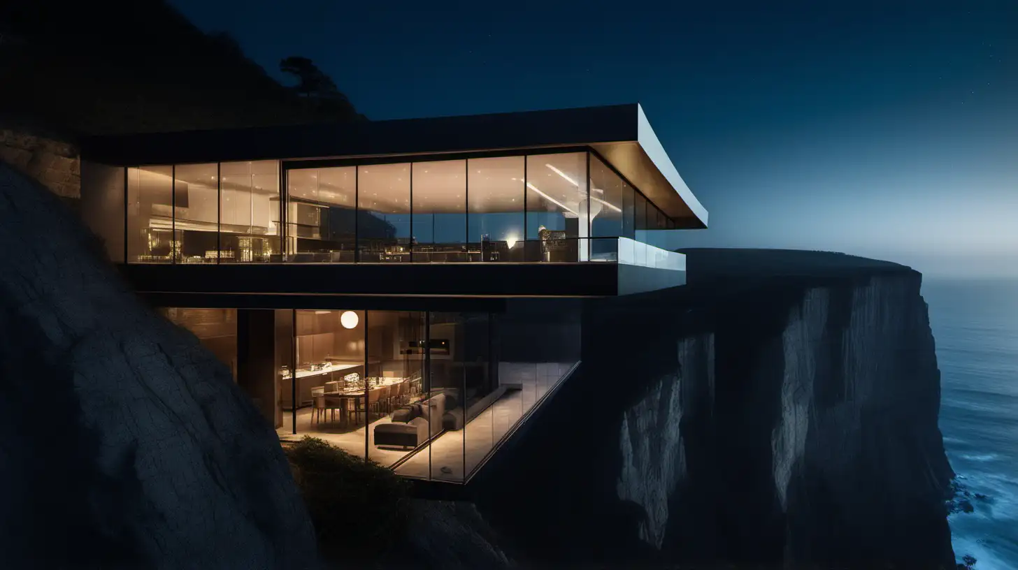 a modern house in a cliff with big glassware, at night
