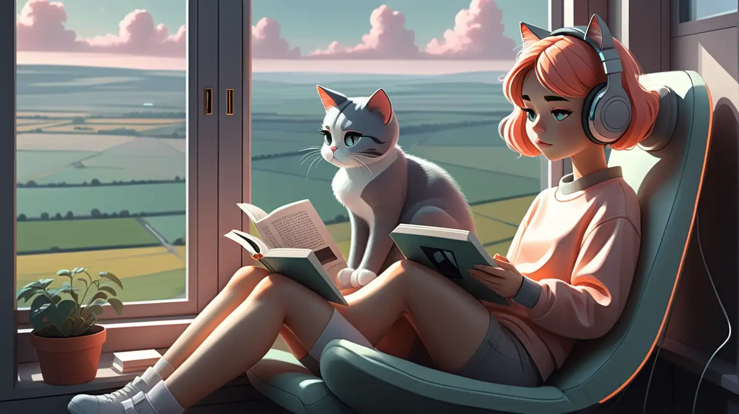 Cozy Lofi Girl Reading by Futuristic Countryside Window with Cat and Headphones