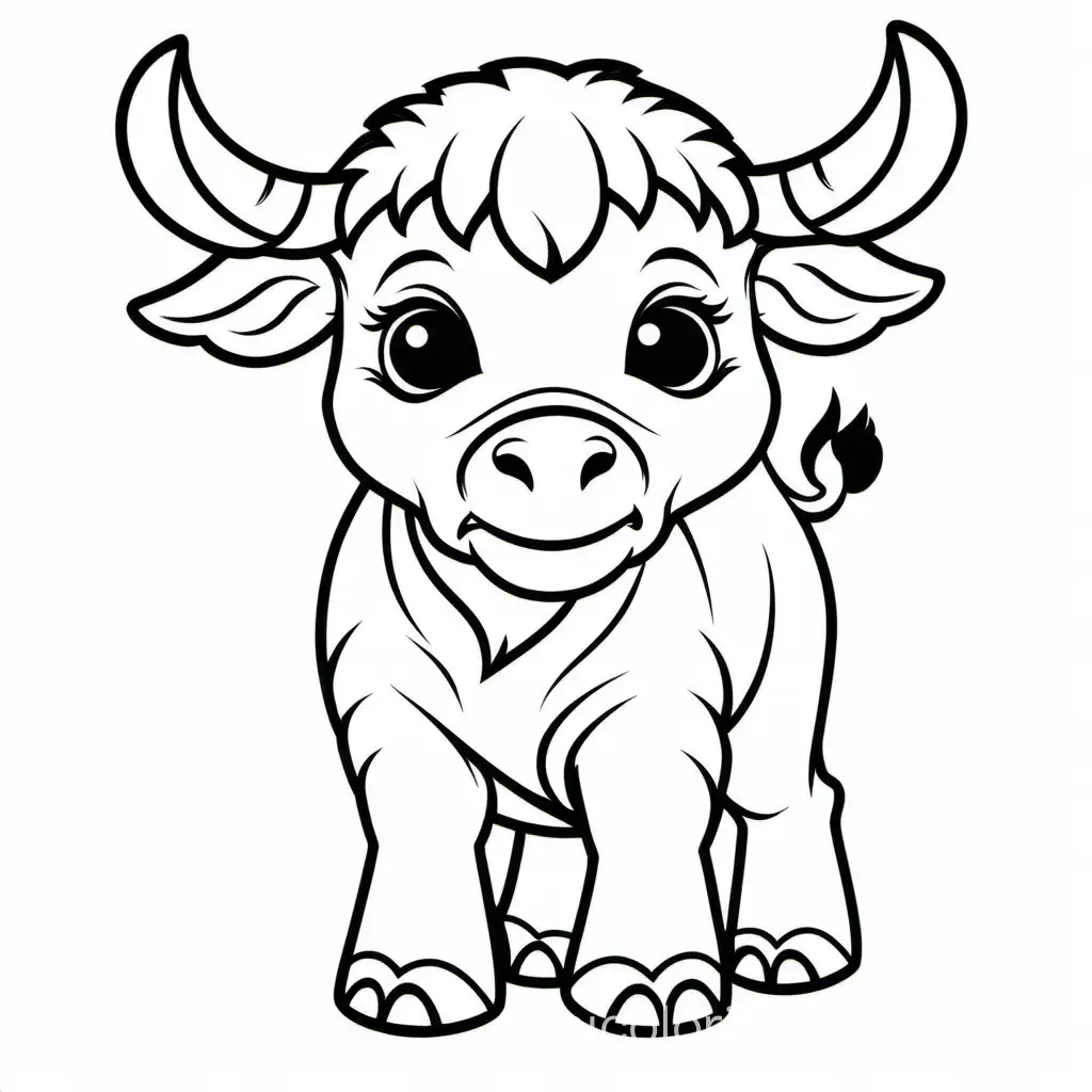 Baby Buffalo without background , Coloring Page, black and white, line art, white background, Simplicity, Ample White Space. The background of the coloring page is plain white to make it easy for young children to color within the lines. The outlines of all the subjects are easy to distinguish, making it simple for kids to color without too much difficulty
