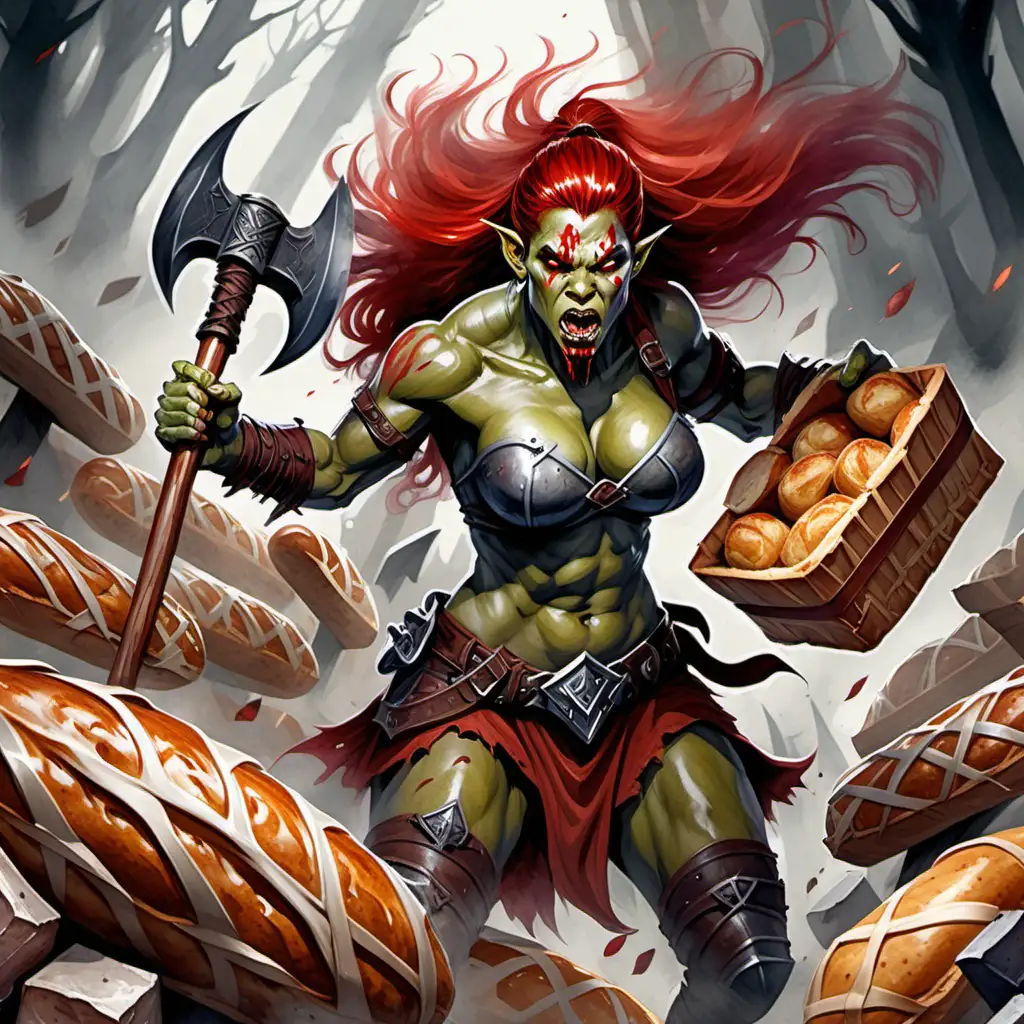 Fantasy watercolor painting in the style of magic the gathering and dungeons and dragons. Female half orc half human with strong menacing features, orc tusks in the mouth, muscular, with long red hair, red eyes, gray skin. Holding large battle axe, and surrounded by loaves of bread. backpack full of bread.
