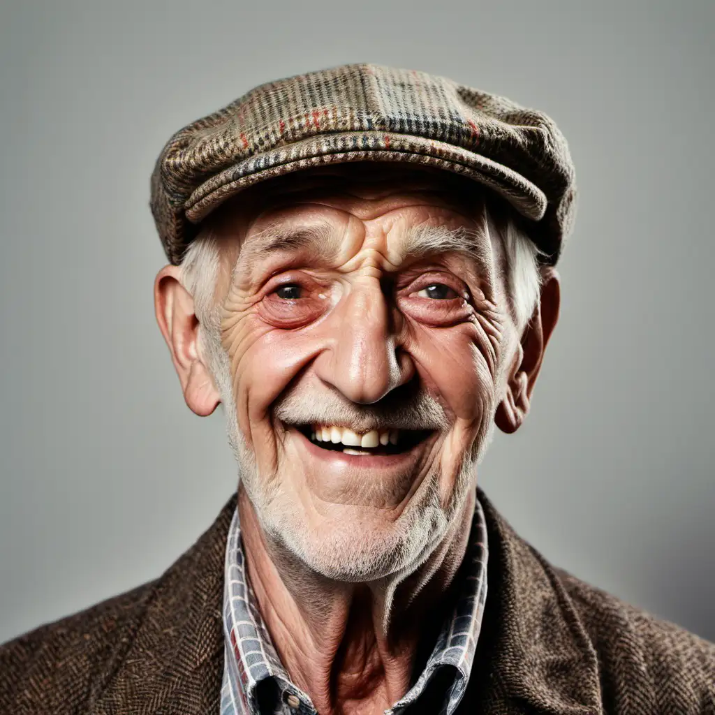 Face of a happy old man wearing a battered tweed flat cap, blank background