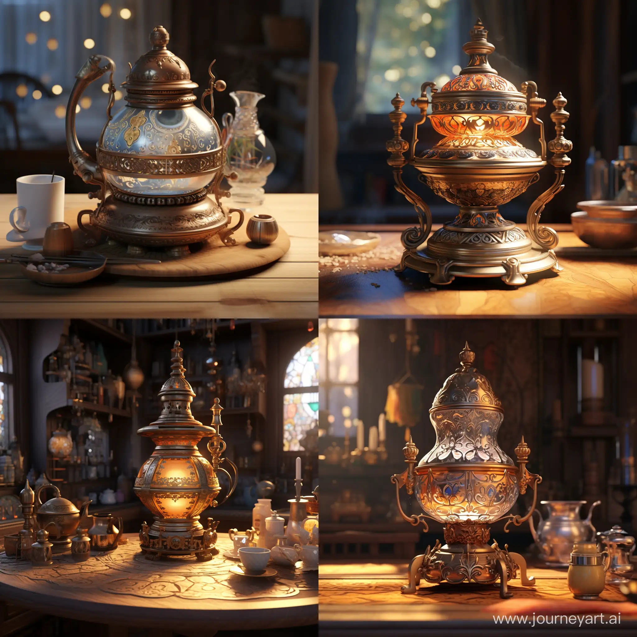 Samovar on the table. 3D animation 