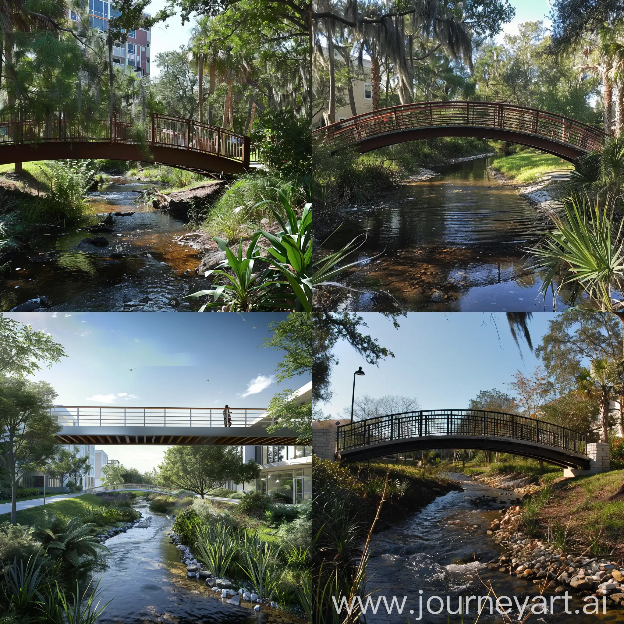 imagine a pedestrian bridge crossing a stream in urban Florida landscape