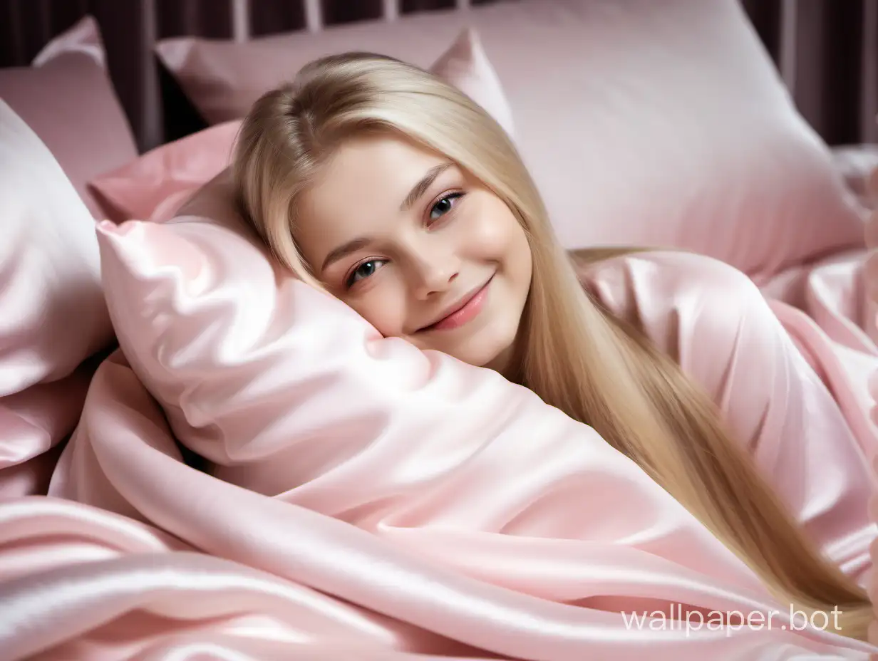 angelically smiling blondie Yulia Lipnitskaya with long straight silky hair relaxing on silk sweet pink pillow under luxury silk sweet, light pink blanket