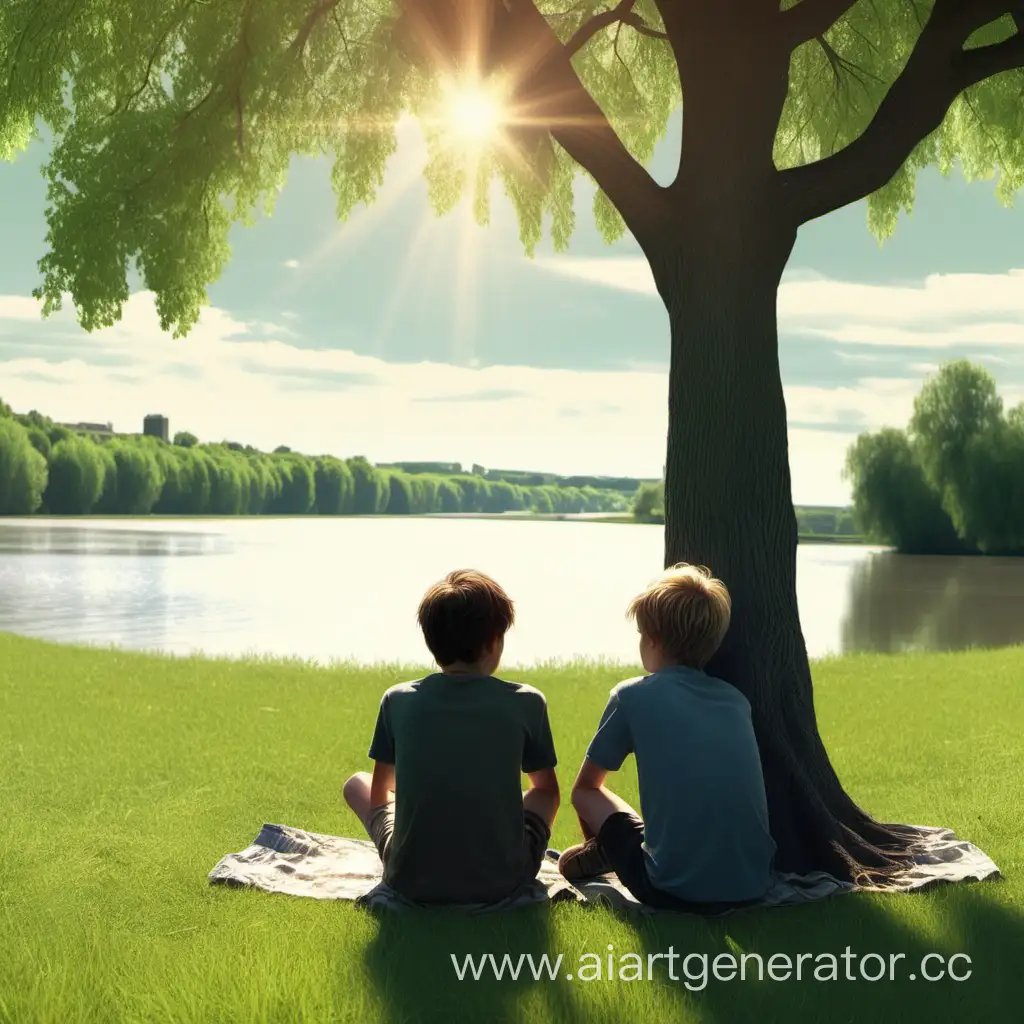 два юноши, один со светлыми волосами, другой с темными, сидят рядом со спины к изображению летом на зелёной поляне около реки, возле них одно единственное дерево, оно защищает мальчиков от солнца