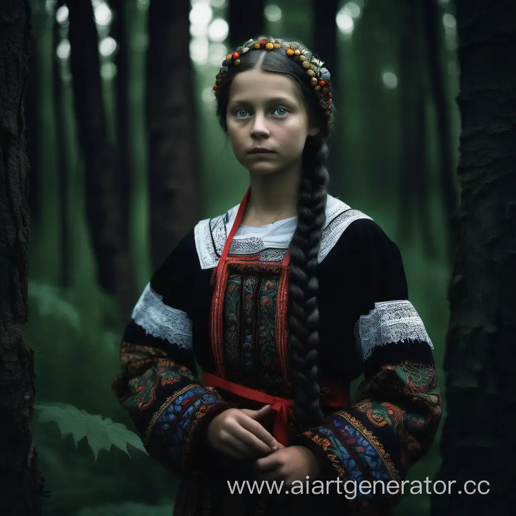 Девушка в русском народном костюме, на плече у нее толстая черная коса, она стоит среди густого темного леса и смотрит вправо
