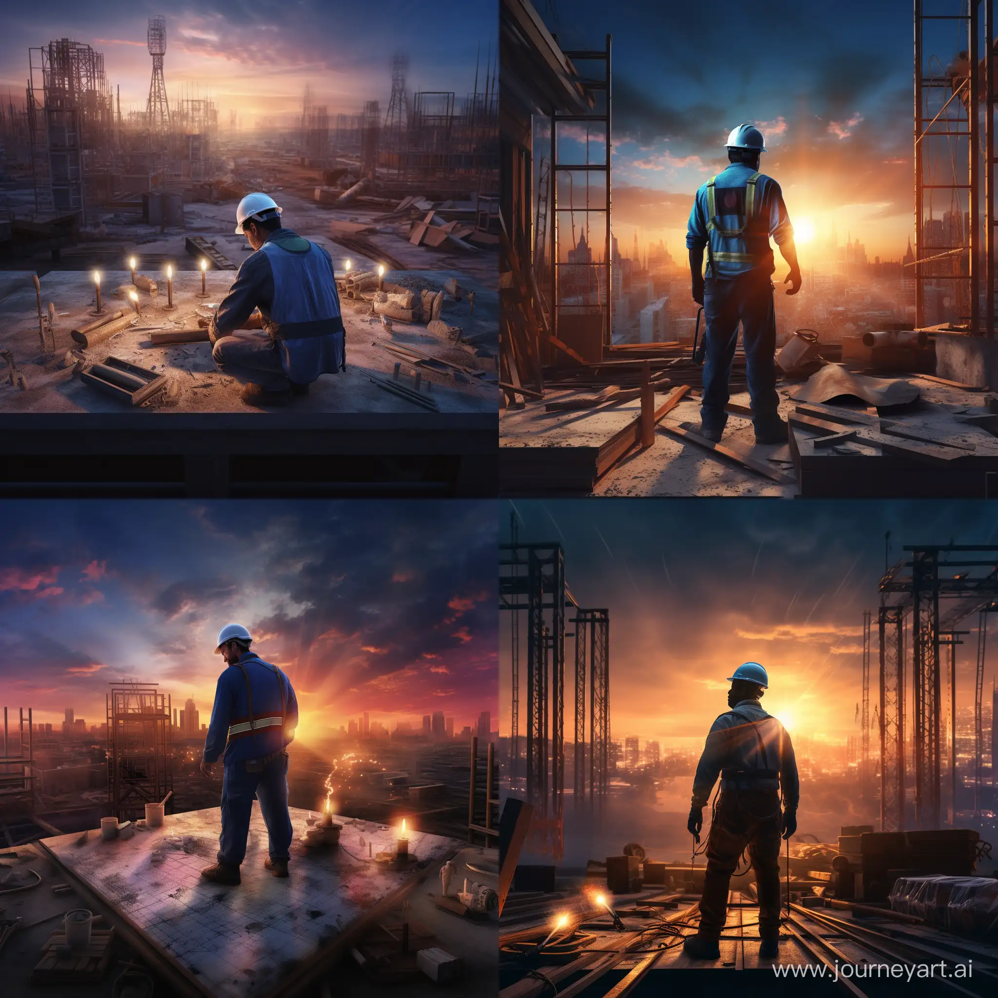 Image of a construction site at sunset, a builder in a uniform with a tool,Symbols of the construction process,Lighting effects, positive, blue colors, realistic