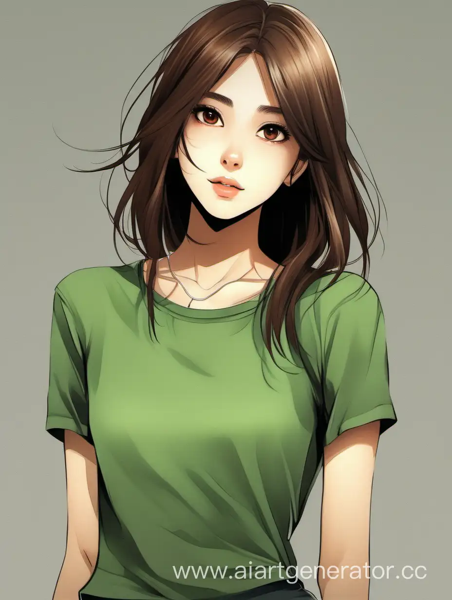 Современная девушка, коричневые волосы, карие глаза, в топике зеленом, стройная, со средней длиной волос