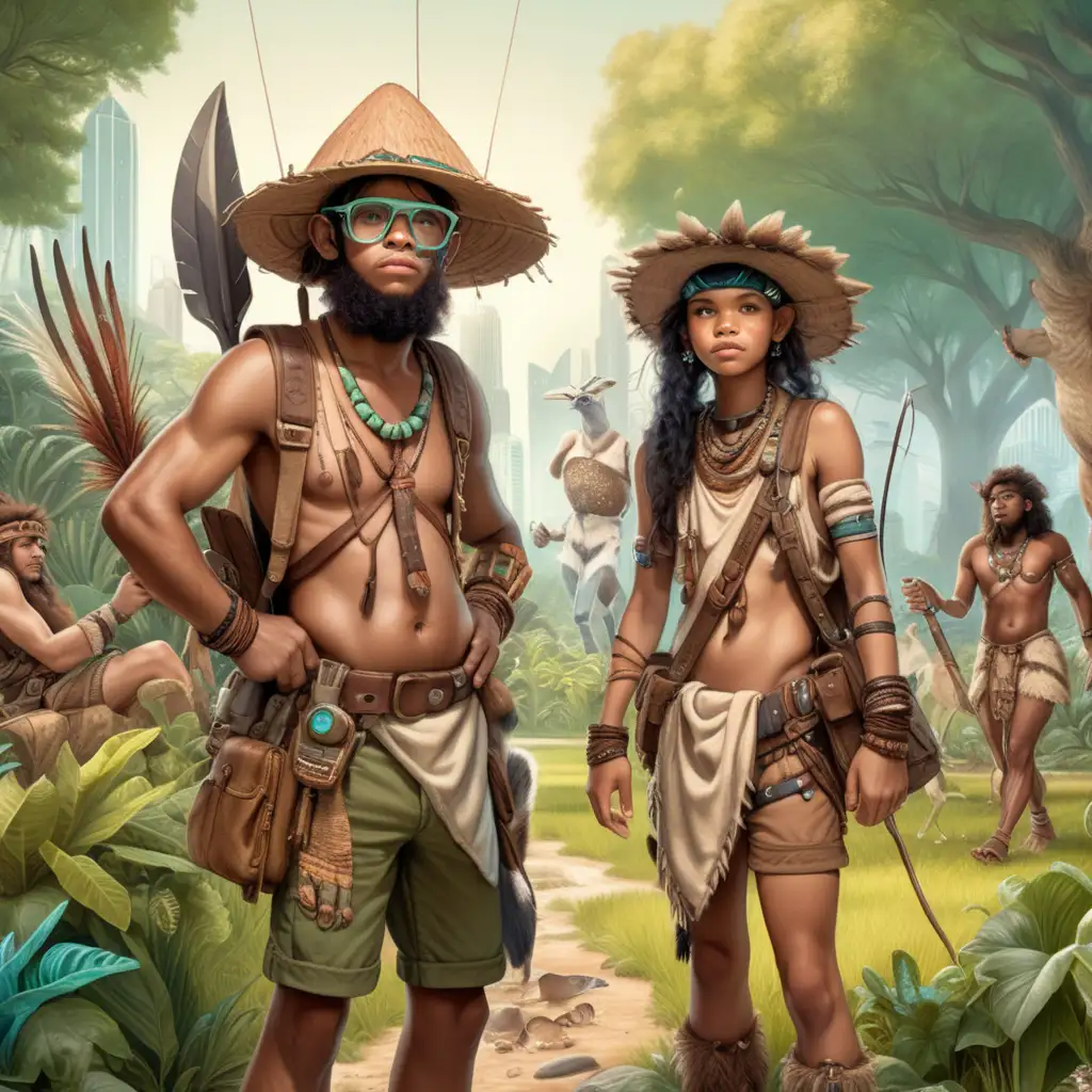 Hipster dressed humans as hunter gatherers located in garden of eden as city of the future