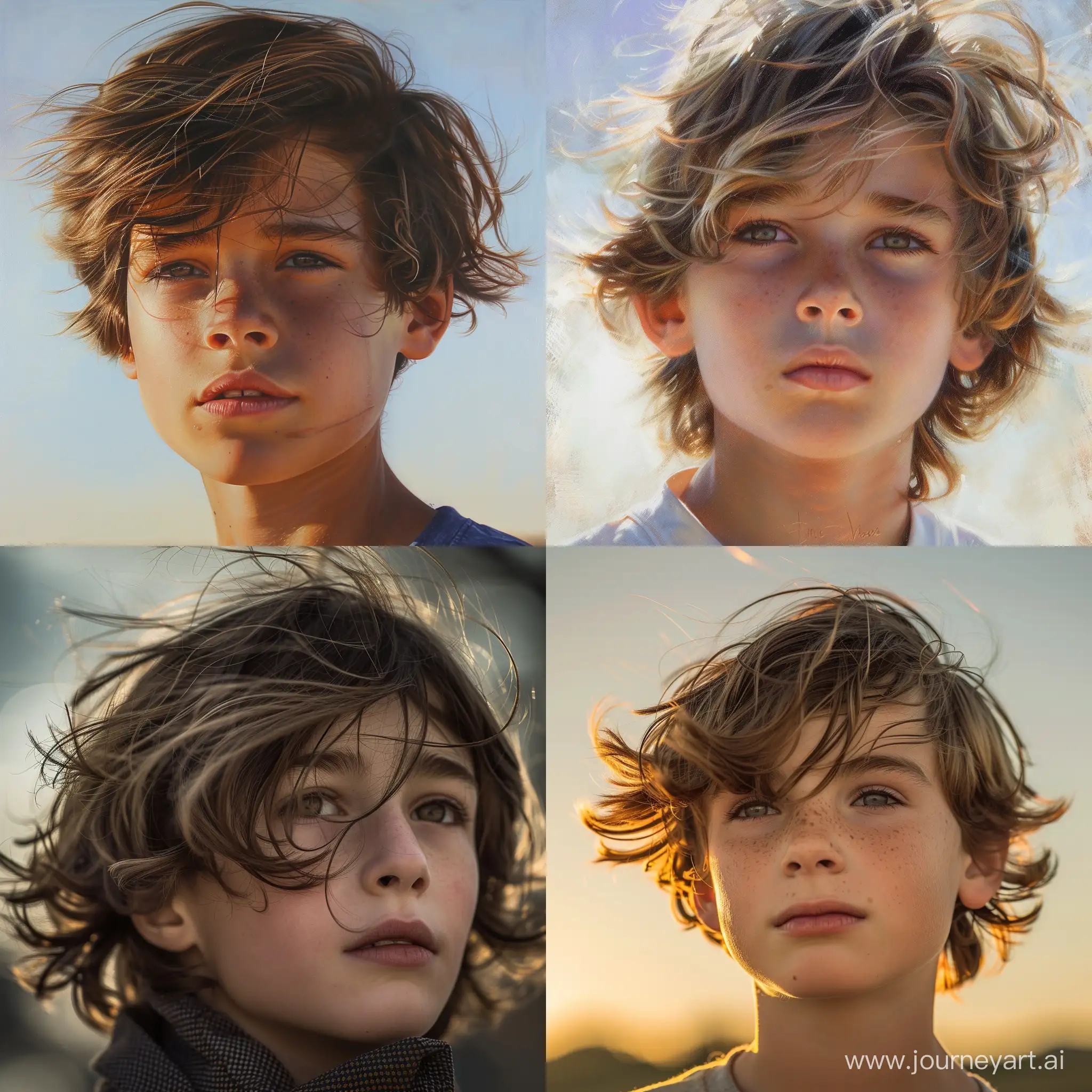 мальчик 12 лет , портрет,  анфас,смотрит в даль,ветер обдувает волосы ,полдень.,яркие рефлексы,,реалистичен,