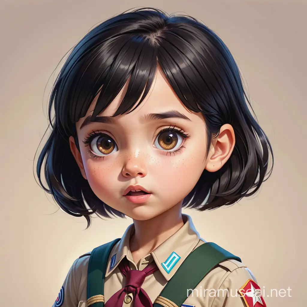 a shocked female kid have 9 years old , have a short black hair , big dark brown eyes, round face, light skin , scout uniform, cartoon type.