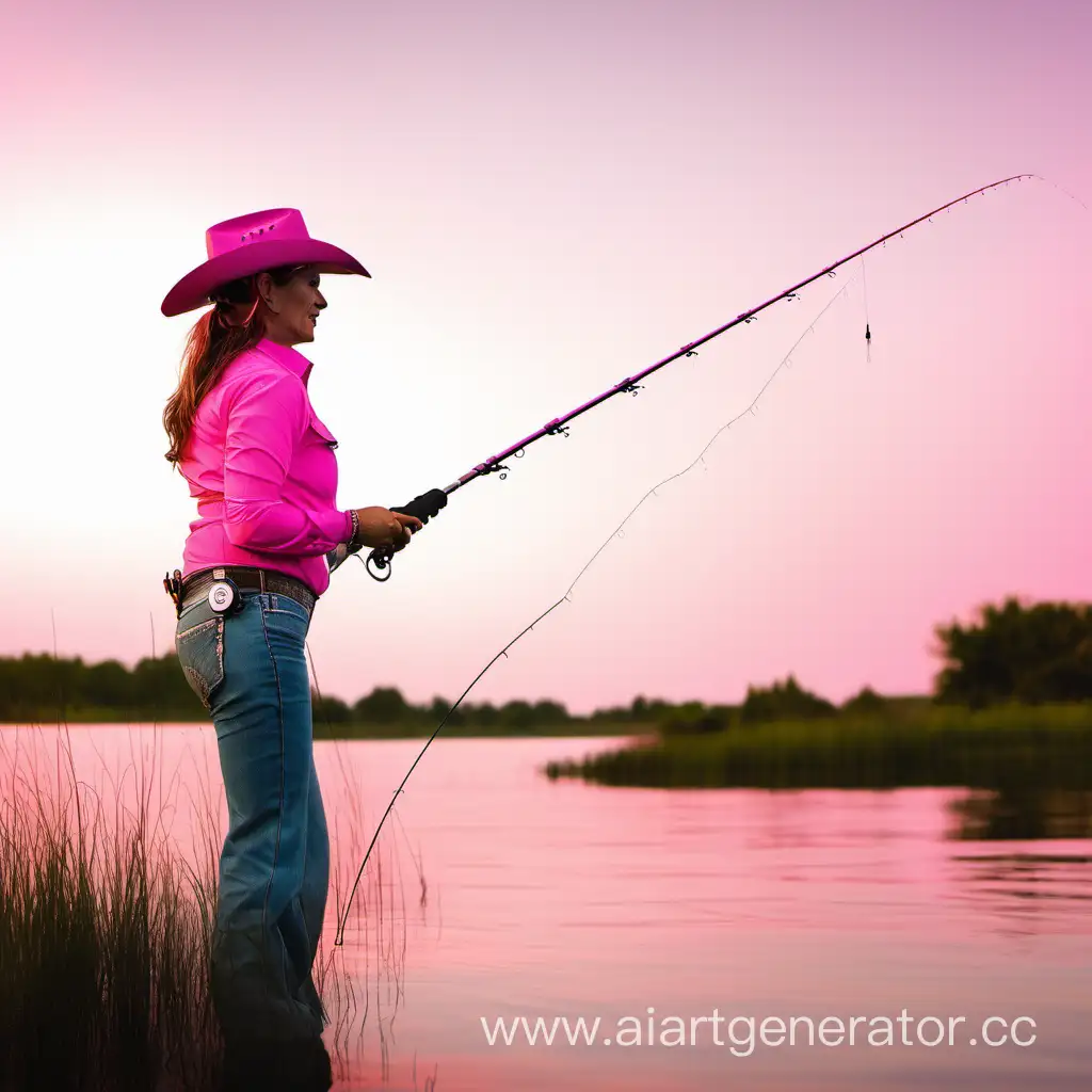 woman in a cowboy hat fishing with a pink fishing rod