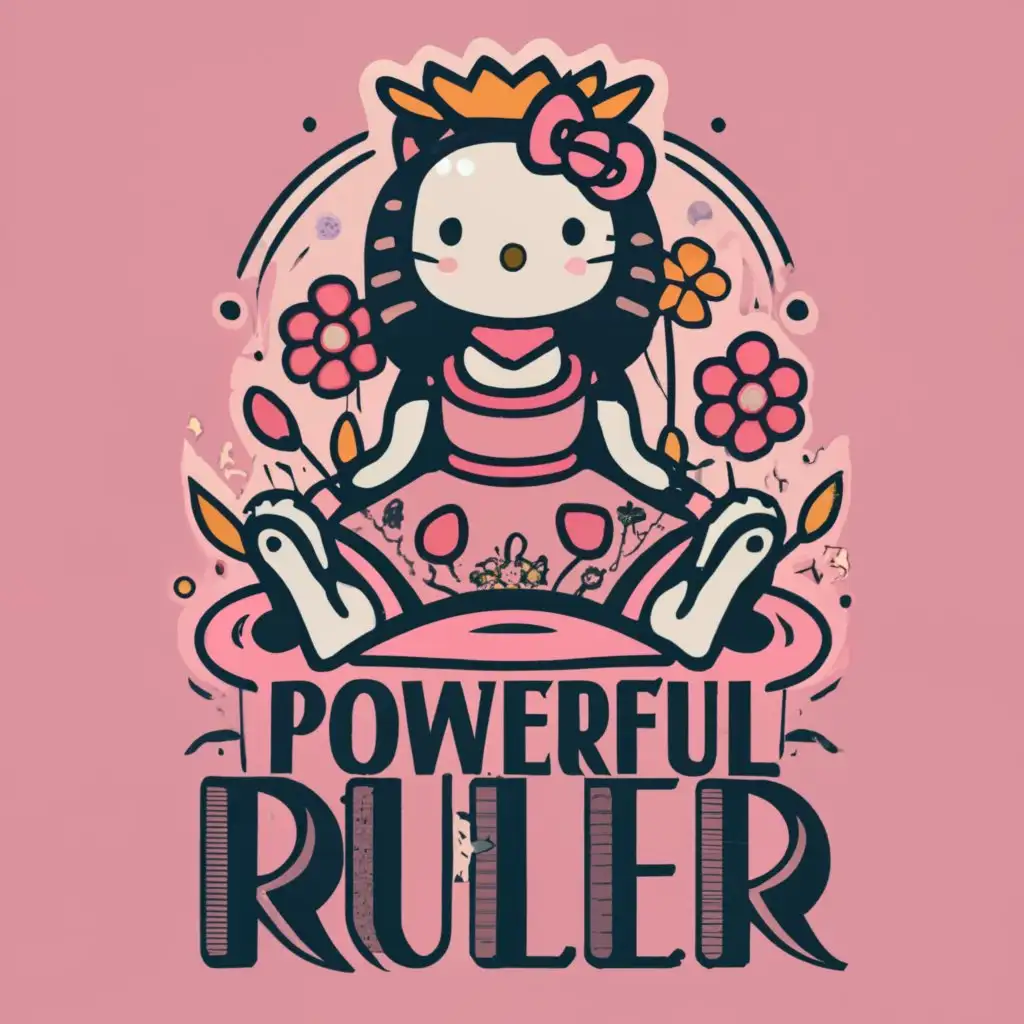 logo, a powerful ancient girl ruler with flowers around and flowers on her hands with a big crown and dress sitting on a throne pink pastel colors and hello kitty, with the text "Flower Powerful Ruler", typography