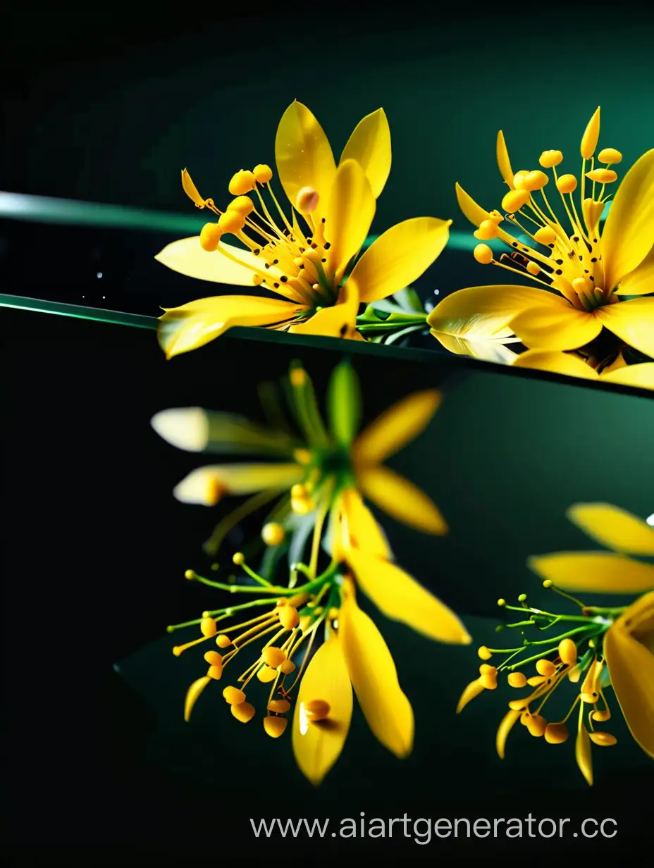 Acacia yellow flower close up 8k on dark green laying on mirror glass background