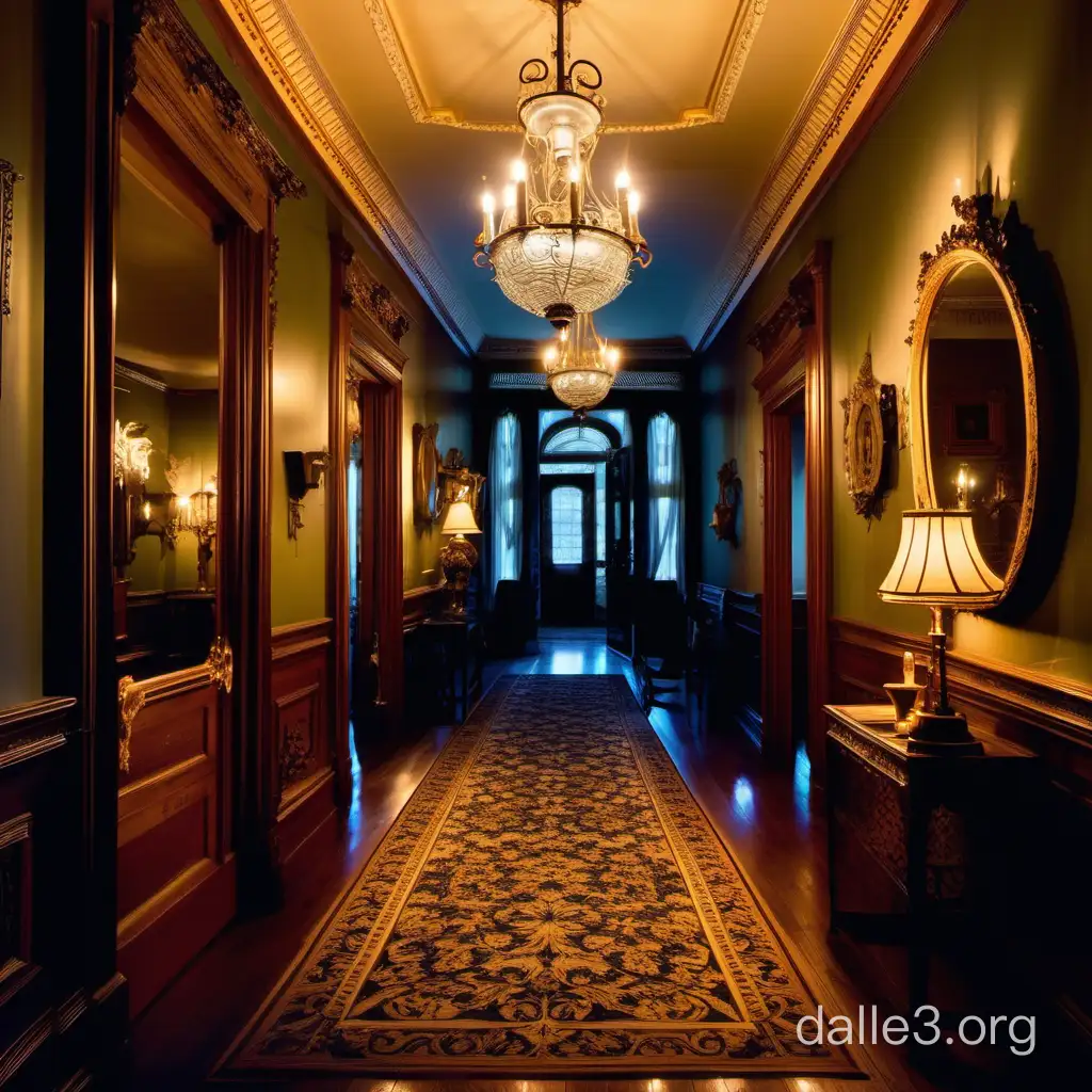 large ornate 1800s house hallway lit by moonlight