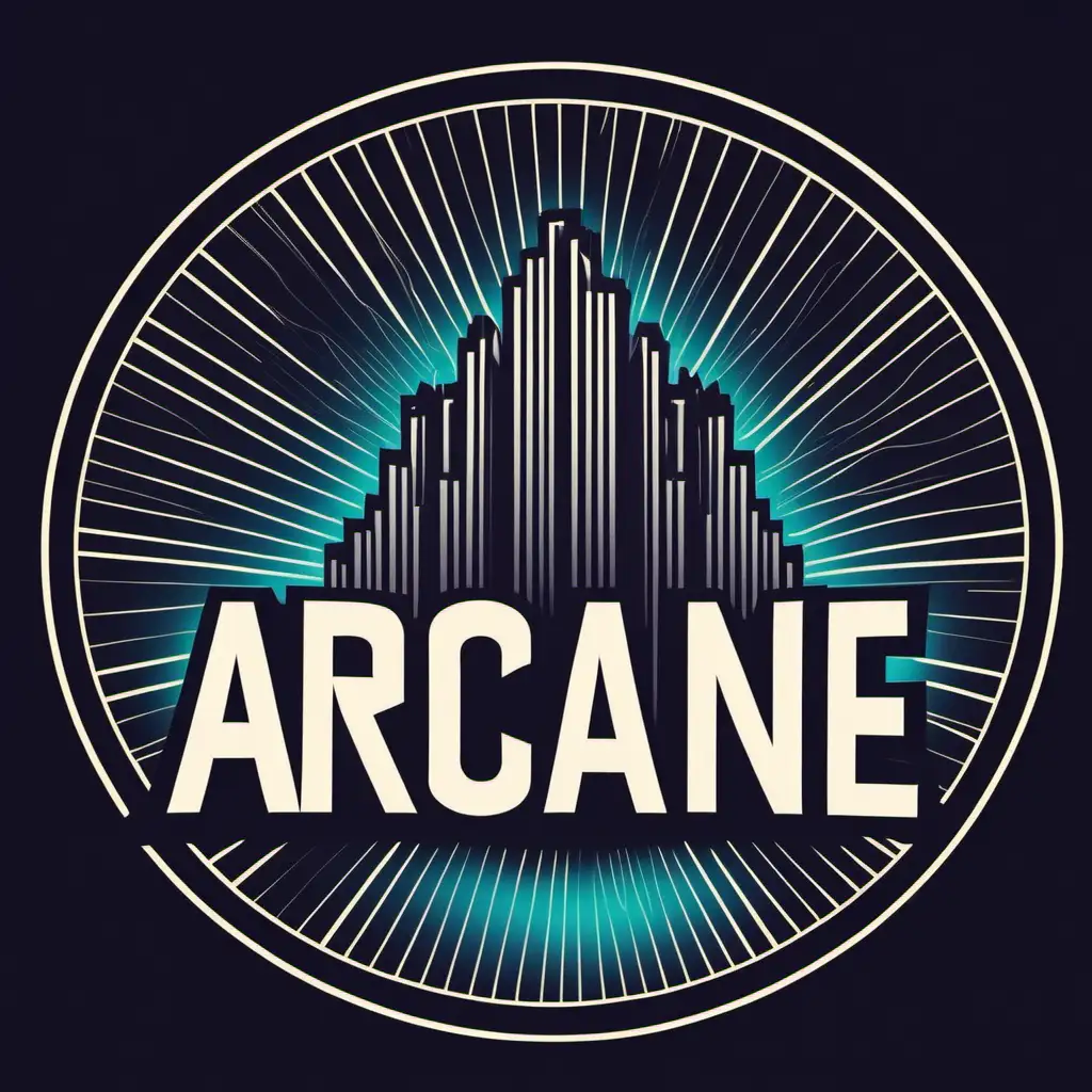 Round logo saying Arcane. Monolithic building / rave equipment theme