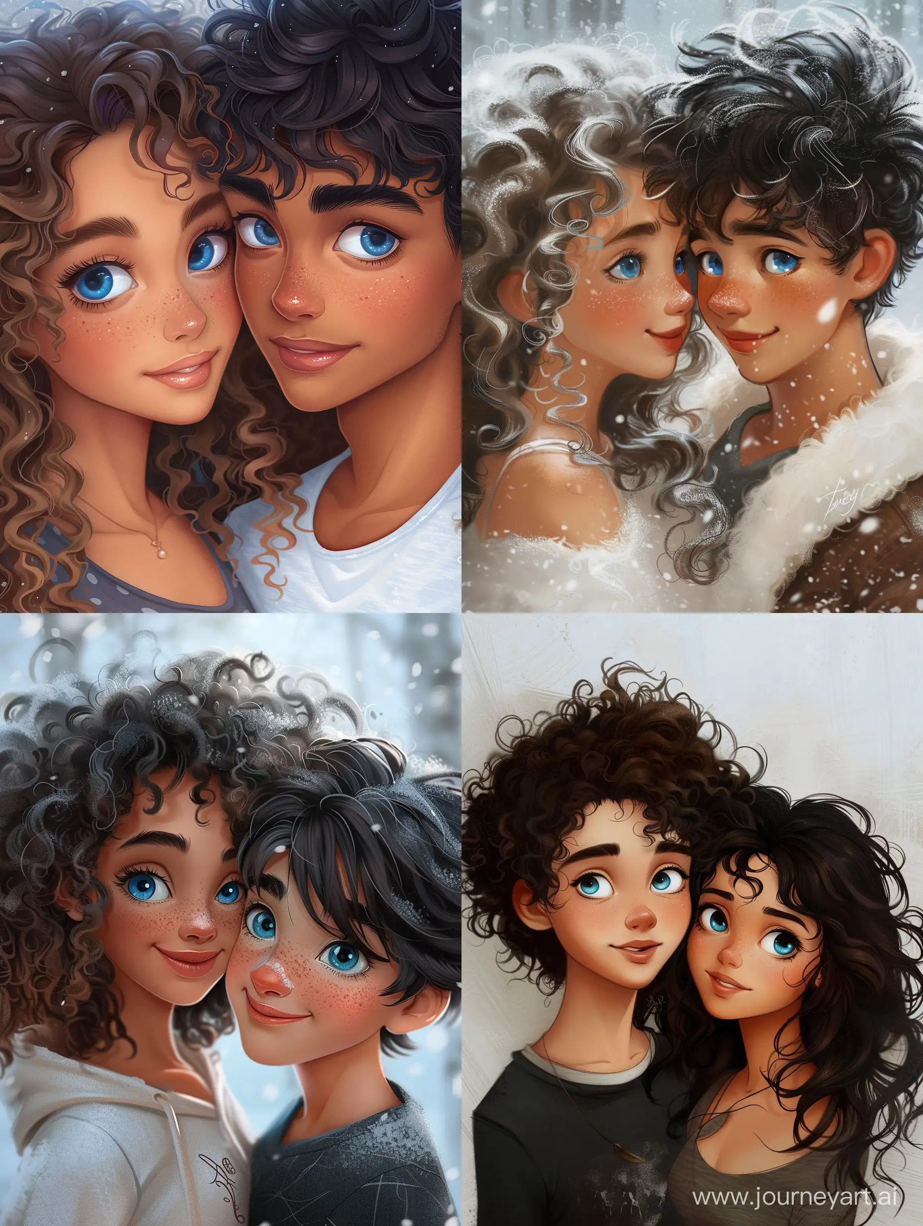 Beautiful girl  with curly hair and cute boy with dark brown hair, blue eyes, snow-white skin, teenager, 15 years old, love, high quality, high detail, cartoon art