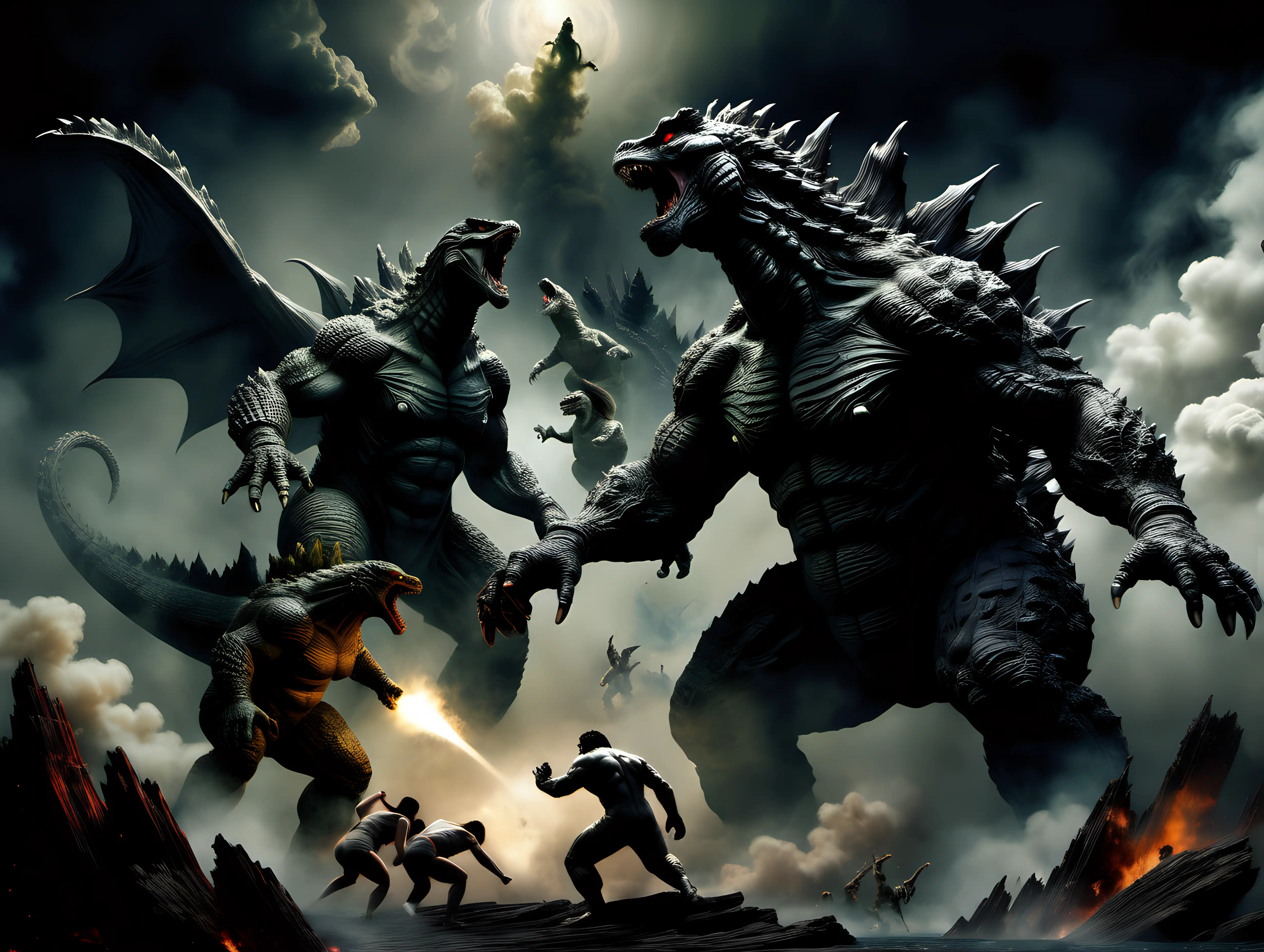 Godzilla Battles Monsters on Saturn Realism Inspired by Frank Frazetta and Annie Leibovitz