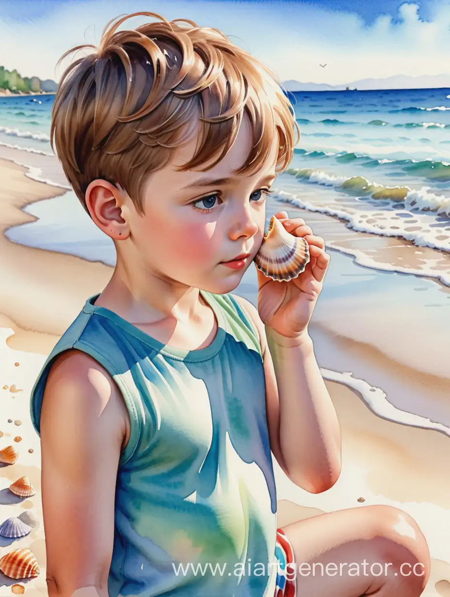 мальчик на пляже приложил ракушку к уху. Вокруг море и песок. акварель.