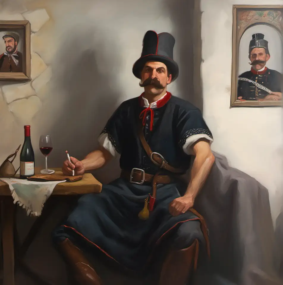 Medieval Hungarian Man in Traditional Attire Enjoying Wine and Cigarette
