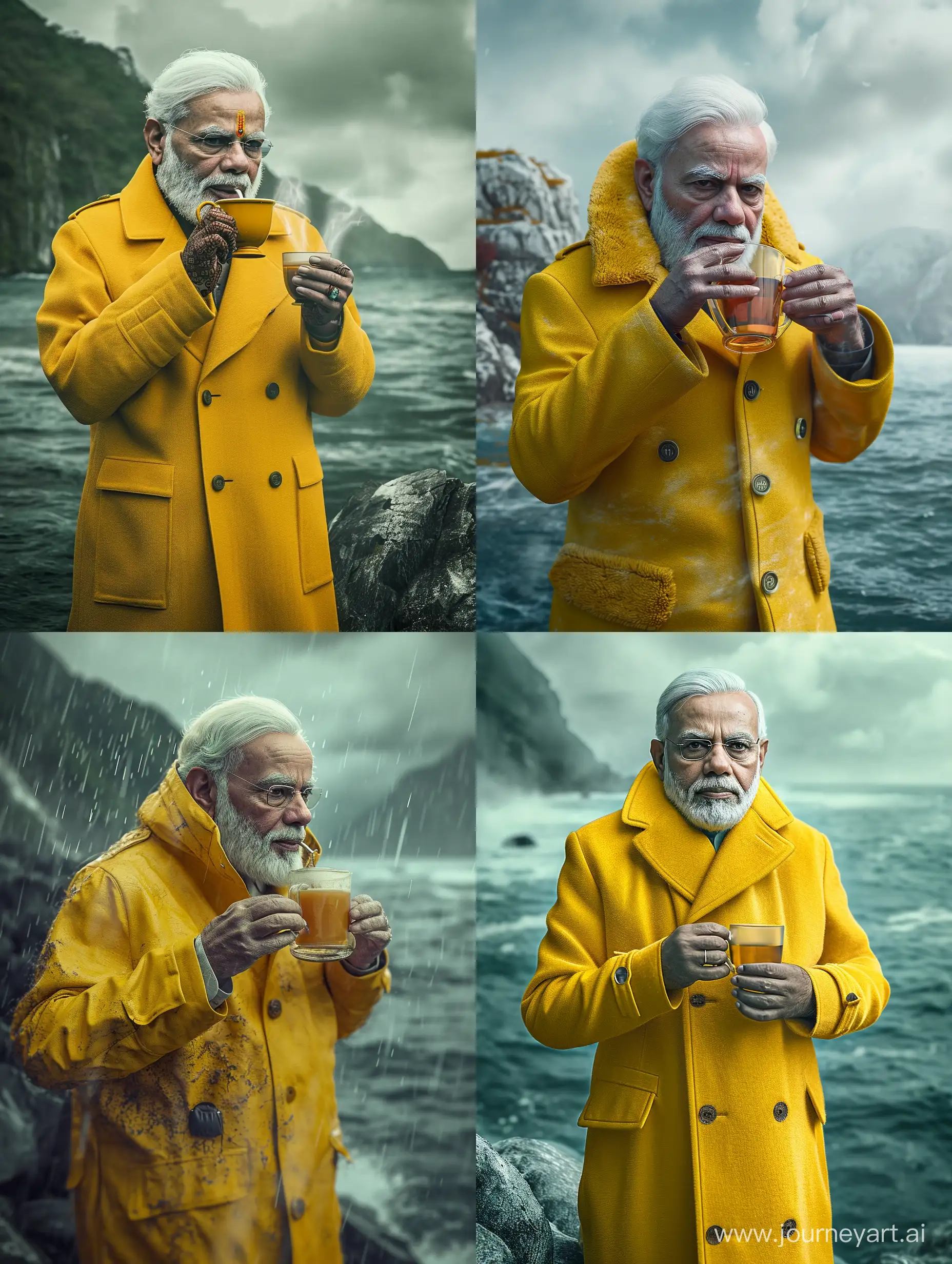 Narendra-Modi-Enjoying-Tea-in-Stylish-Yellow-Outfit-on-an-Island