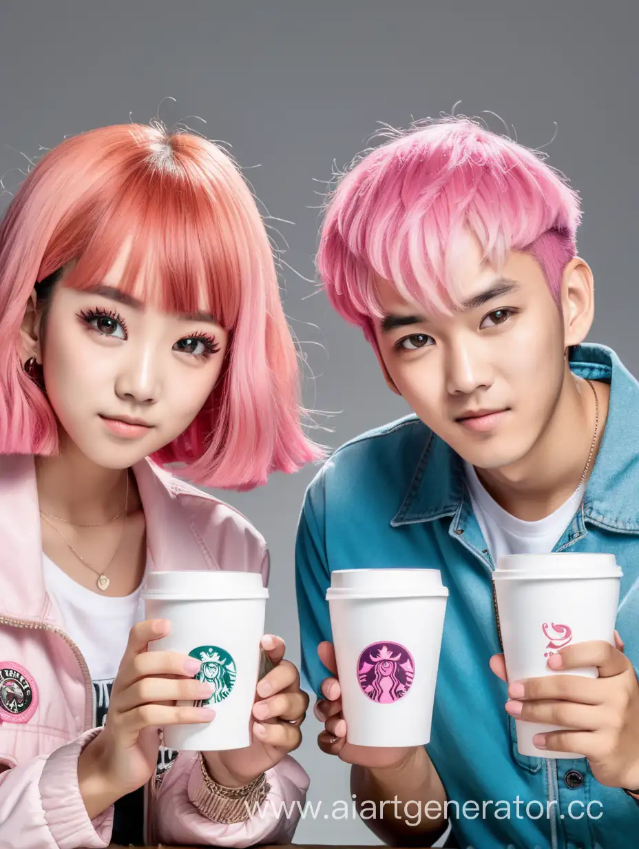 2 азиата женского и мужского пола с розовыми волосами и стаканчико кофе в руках