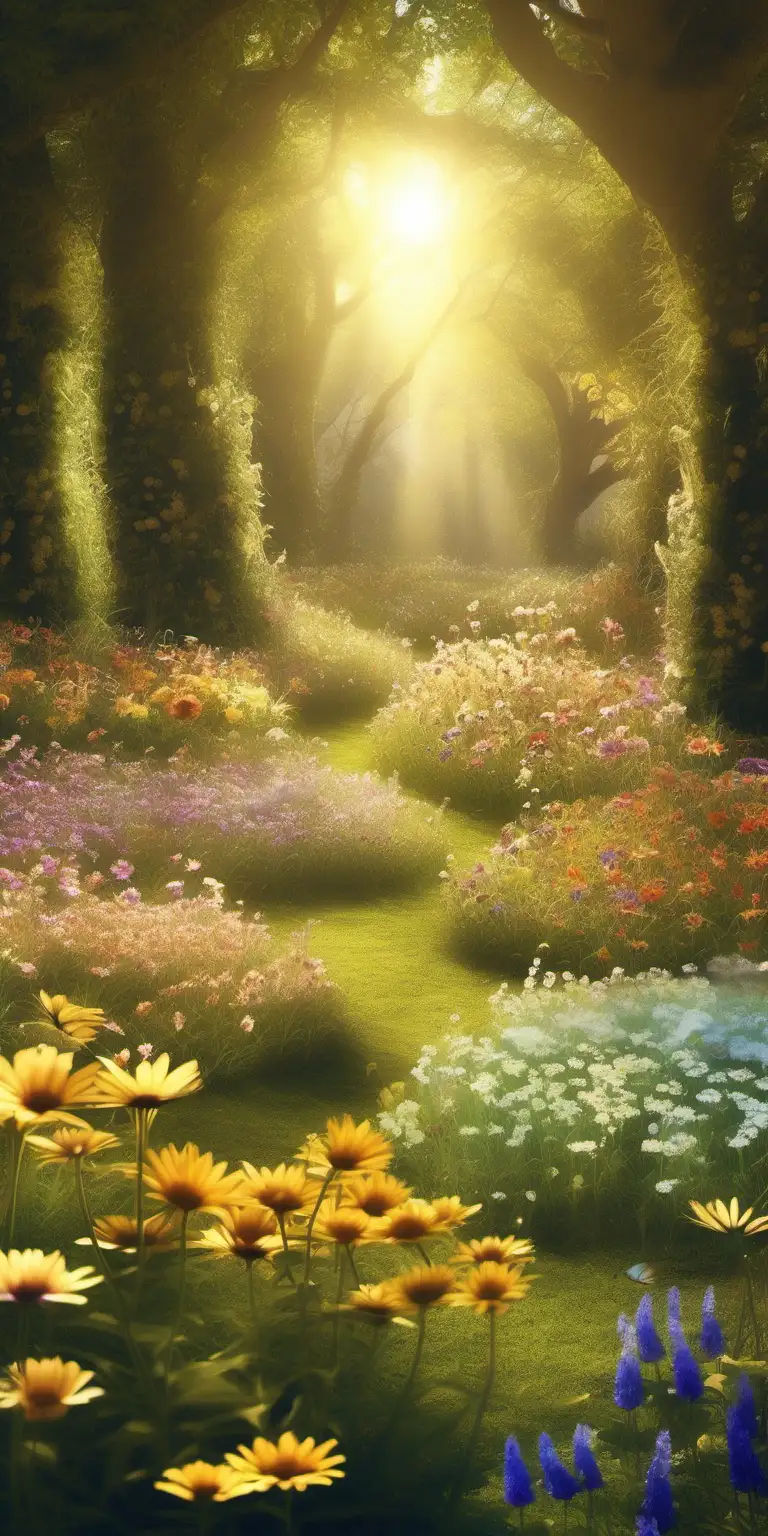 Enchanted Flower Glade Friends Sharing Golden Thoughts in Sunlit Forest