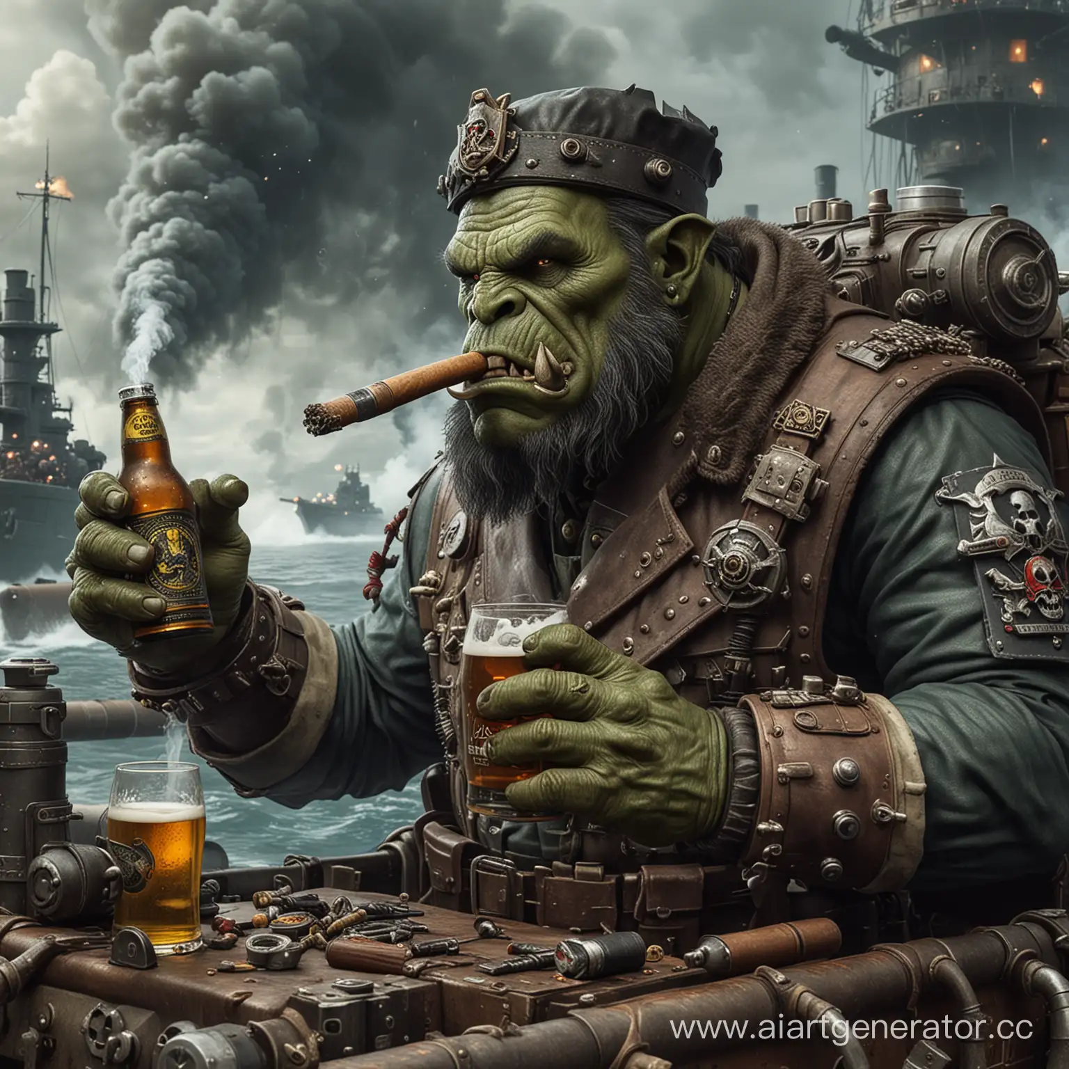 Mighty-Warhammer-40k-Orc-Captain-Enjoying-Beer-and-Cigar-in-Submarine