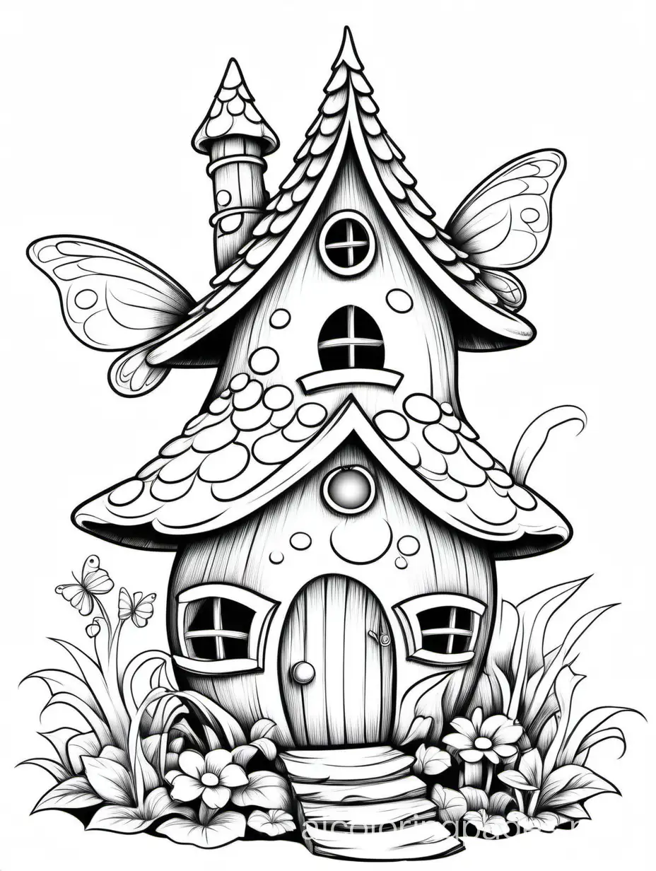 fairy house, Coloring Page, black and white, line art, white background, Simplicity, Ample White Space. The background of the coloring page is plain white to make it easy for young children to color within the lines. The outlines of all the subjects are easy to distinguish, making it simple for kids to color without too much difficulty