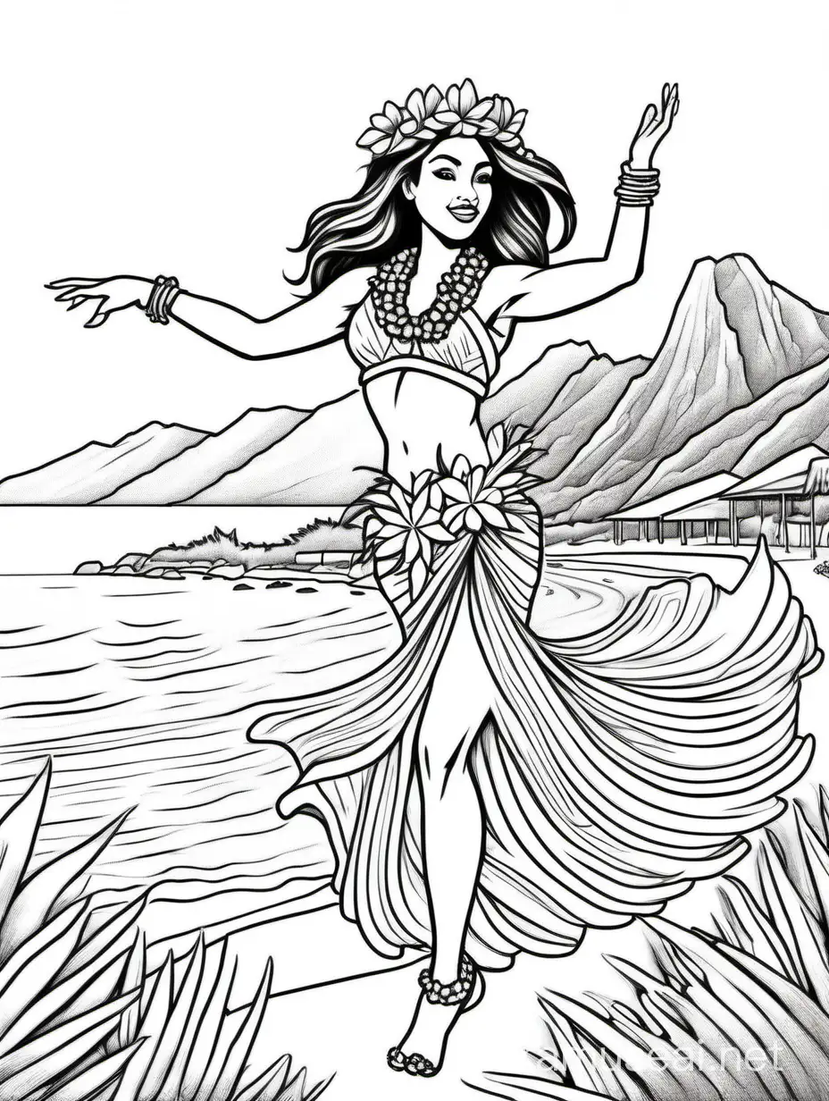 Draw me a picture of an exotic  hula dancer on a beach for an adult coloring book. She is dancing at the shoreline and her arms are reaching. She is wearing a grass skirt, a flower crown of ti leaves, and a lei that covers her breasts. Mountains in the far background. White background.