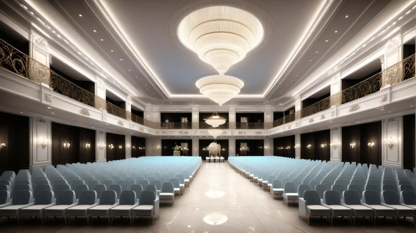 The subject of the image is a great hall, characterized by its luxurious and opulent atmosphere. The setting features a long interior with triple height, exuding elegance. The smooth surface floors contribute to the sophisticated ambiance, while the diamond-encrusted fluid ceiling adds a touch of extravagance. The style of the image can be described as architectural visualization (archviz) with a focus on an elegant aesthetic. The color palette is dominated by iridescent pink and baby blue, creating a visually stunning and sophisticated environment. The central point of focus is an elegant stage positioned in the center of the hall. This suggests the potential for events or performances to take place. The overall appearance of the scene leans towards a high-end, formal setting, indicating a certain level of formality or importance. The hall is surrounded by seats, emphasizing the potential for an audience or attendees. Lights contribute to the overall ambiance, highlighting the grandeur of the space. Includes 3 storey mezzanines for multiple potential spectators.