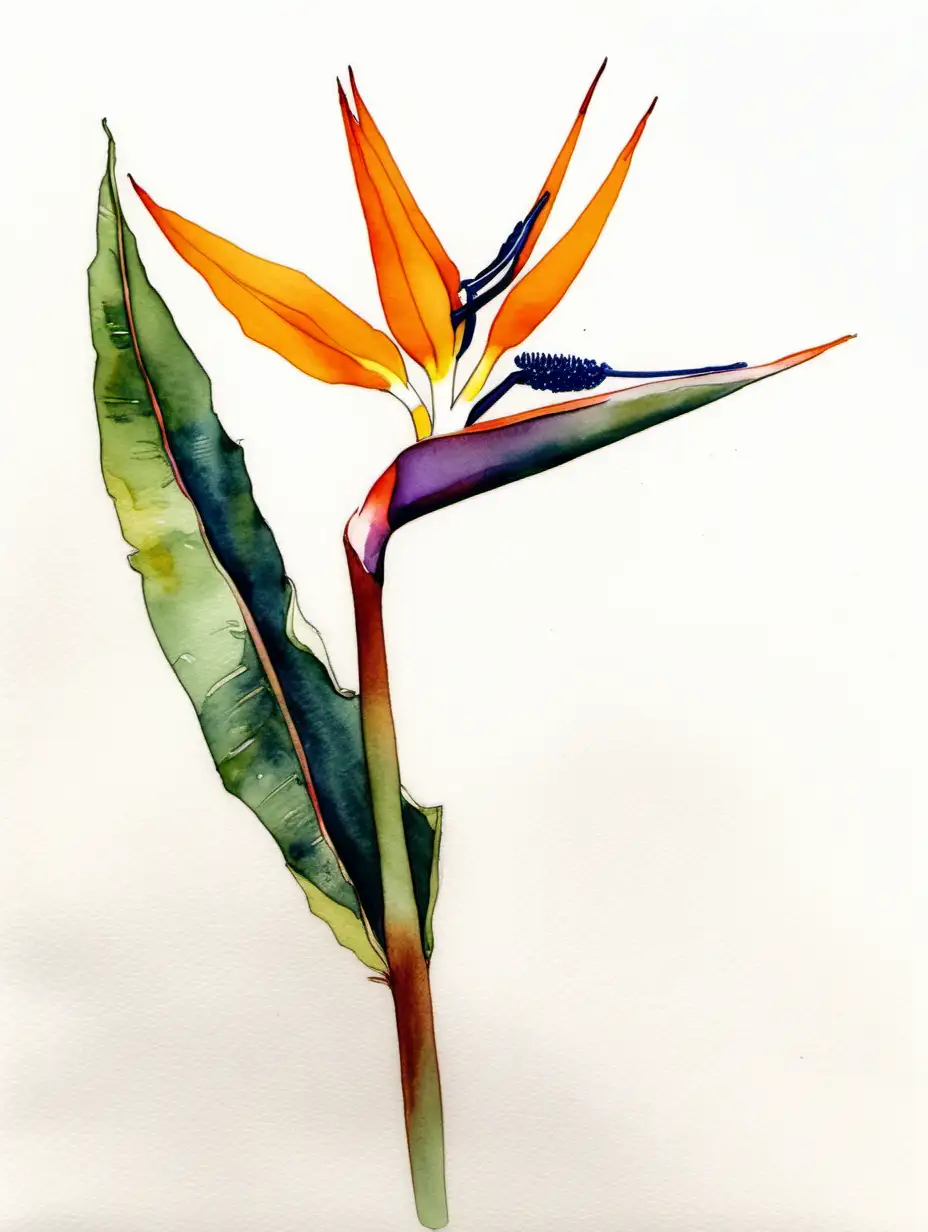 minimalistic watercolour and ink painting of bird of paradise flower on watercolour paper 
