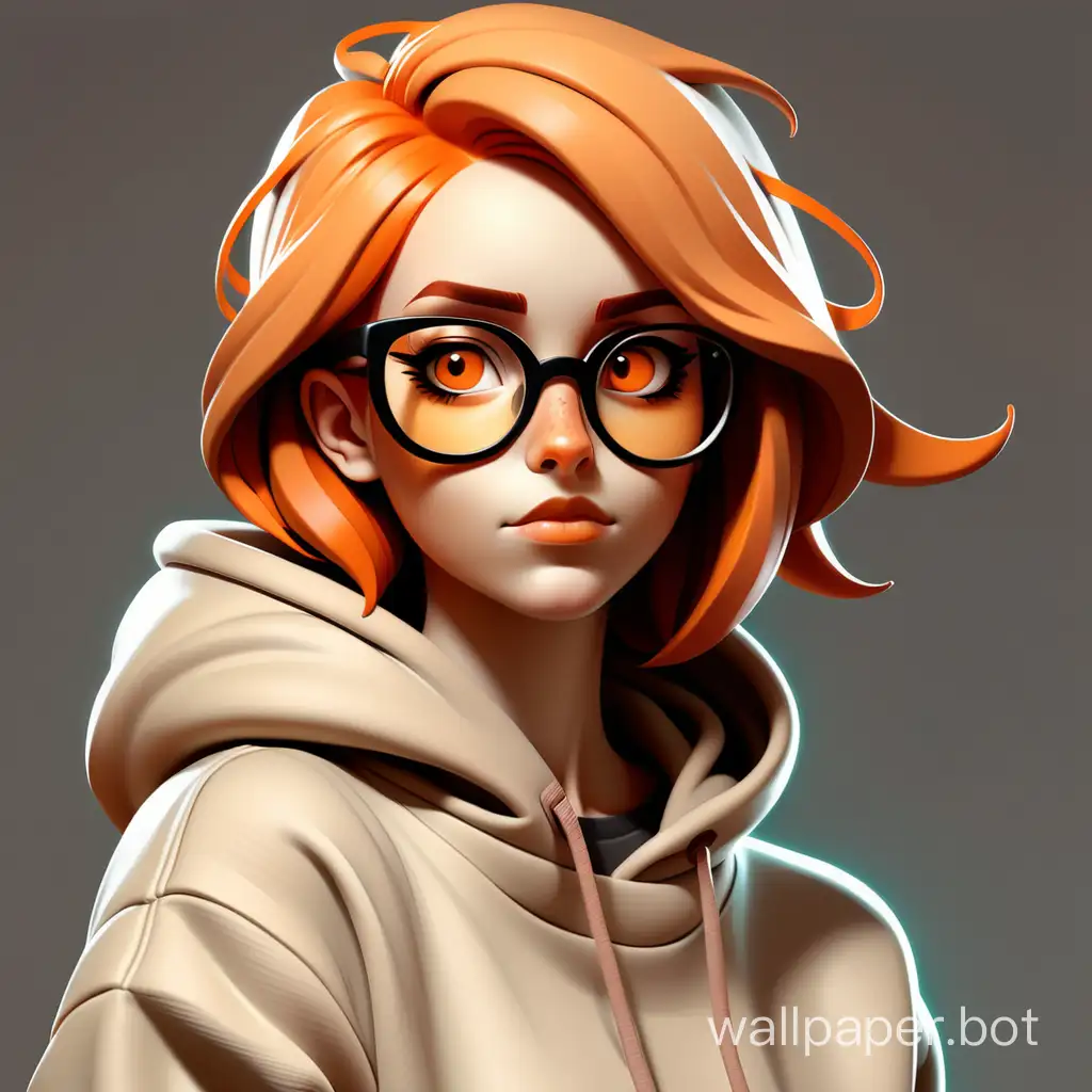 Girl with orange hair, brown eyes in glasses, and a beige hoodie. Futuristic illustration