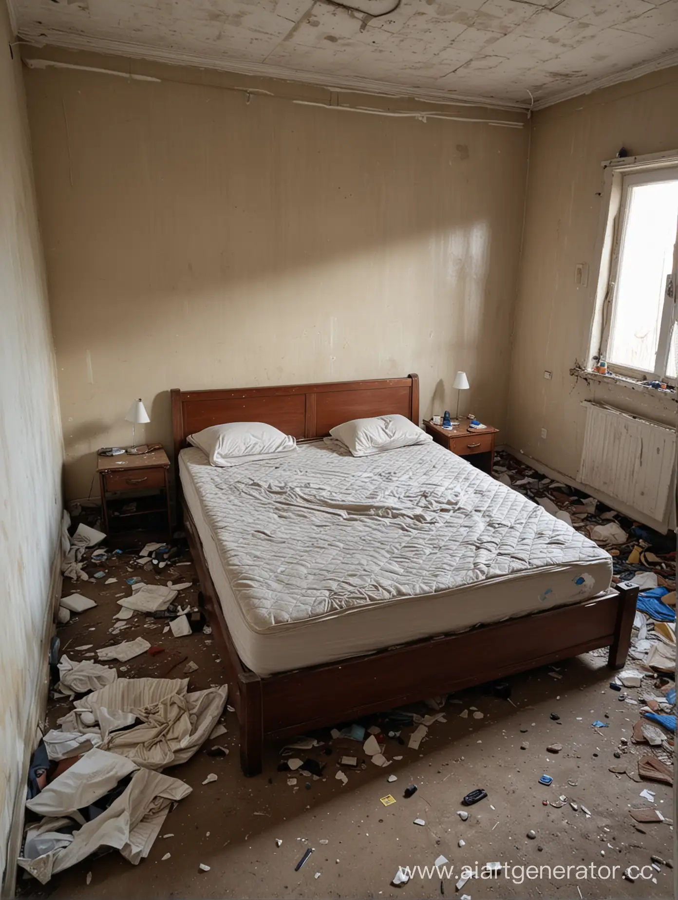 грязная комната с кроватью 
