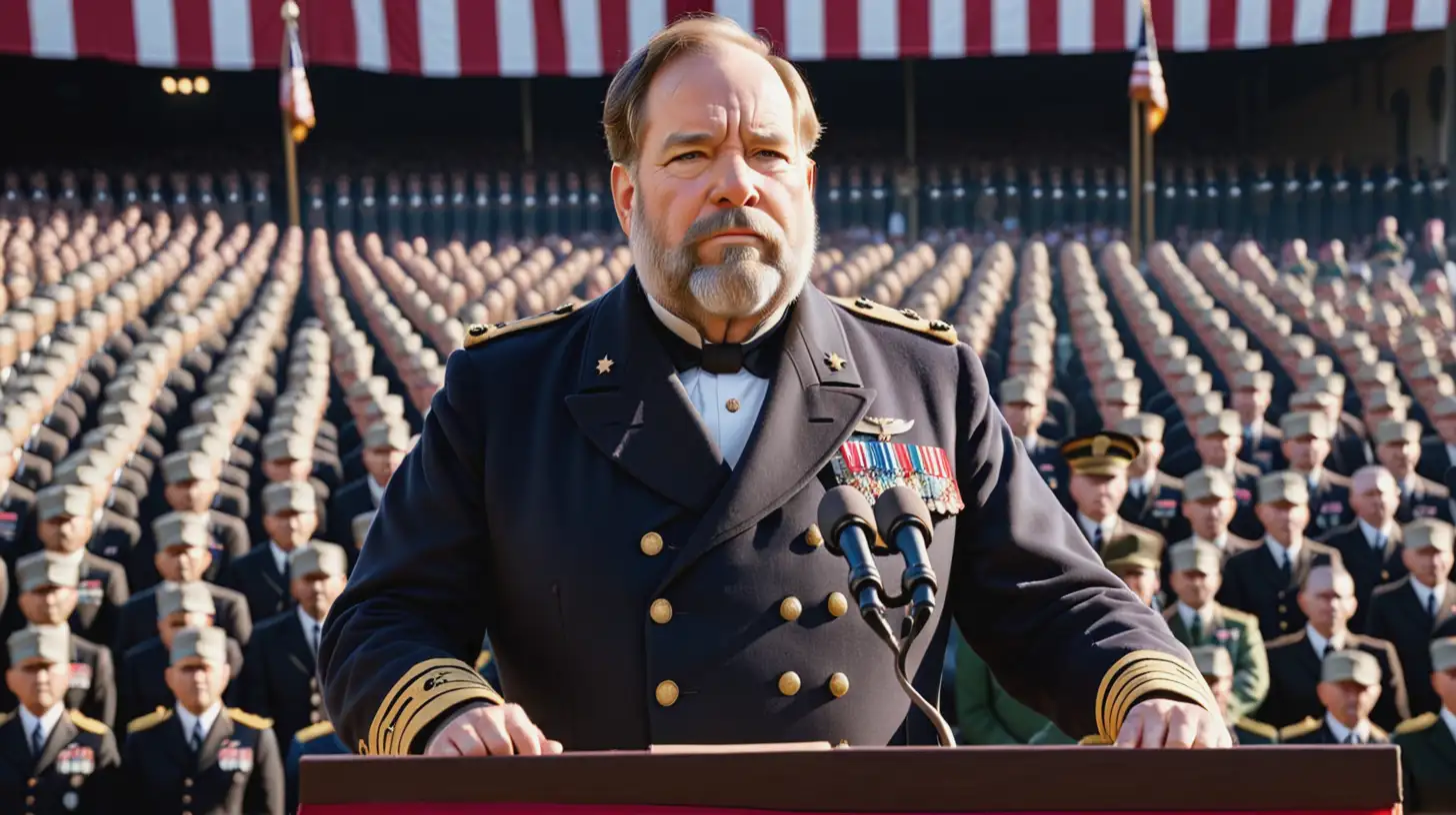 us president Garfield wearing a military Generals Uniform giving a presidential speech in front of a large crowd
